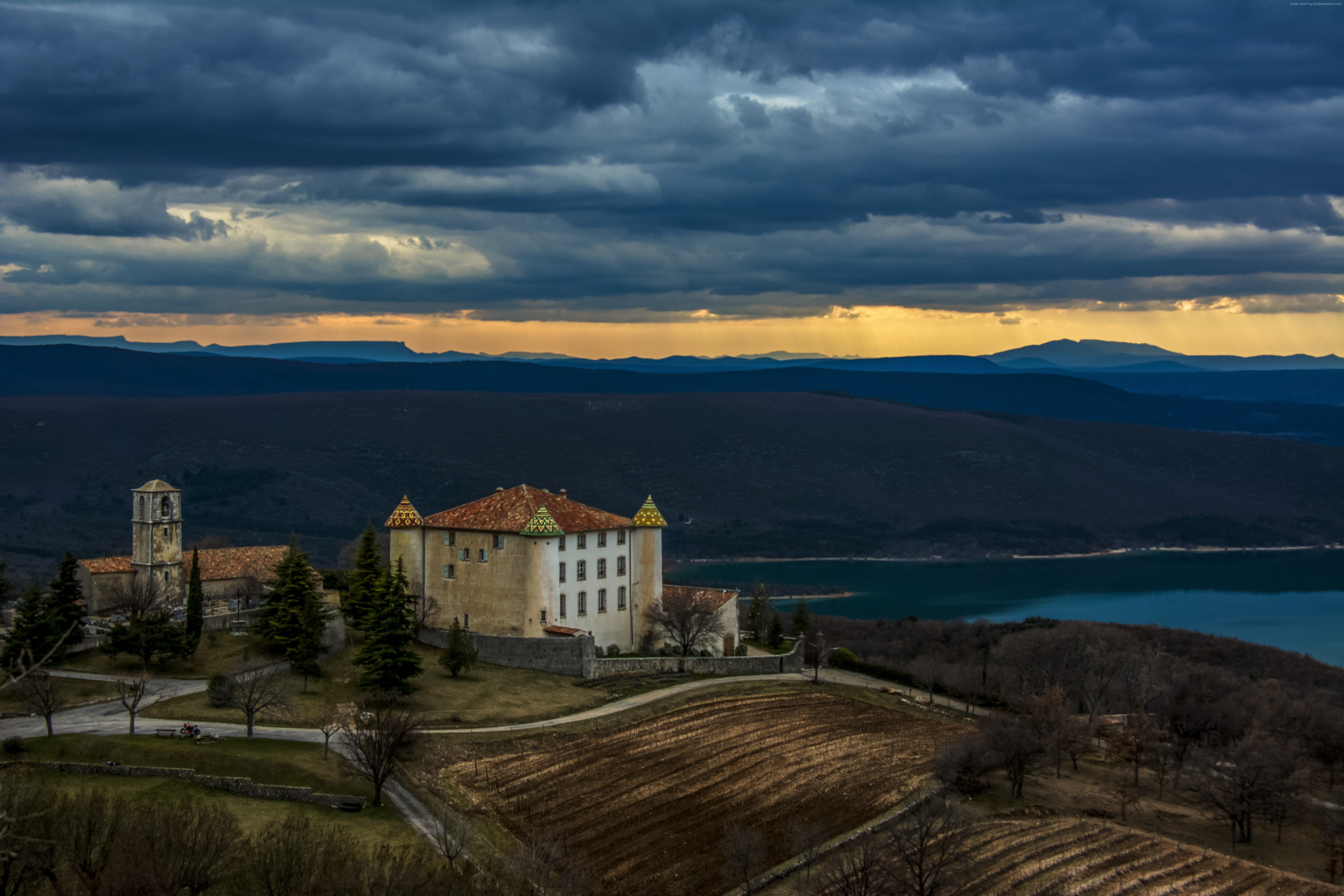 mountains, sky, tranquil scene, mountain range, 4k, built structure, beauty in nature, architecture, no people, France, castle, 5K, 8k, environment, nature, HD Wallpaper