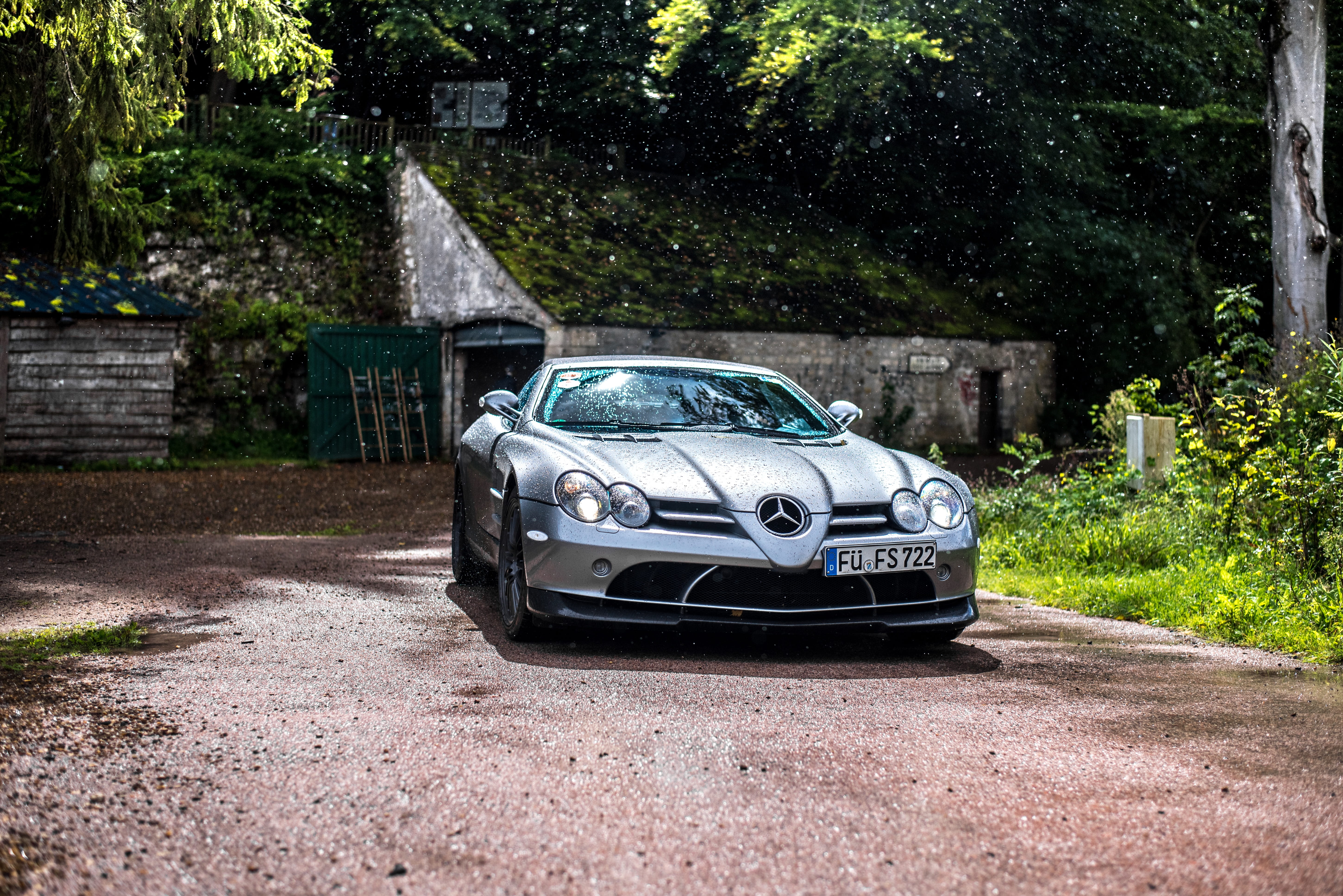 road, land vehicle, wood, outdoors, nature, supercar, mercedes, built structure, slrmclaren, city, day, vintage car, tree, architecture, stationary, rain, HD Wallpaper