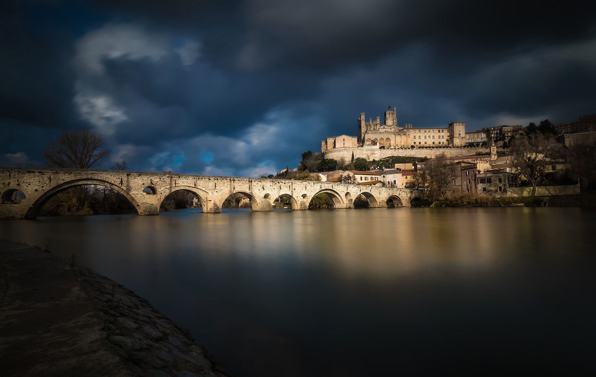 home, Languedoc-Roussillon, 1080P, bridge, Orb, Beziers, France, river, HD Wallpaper