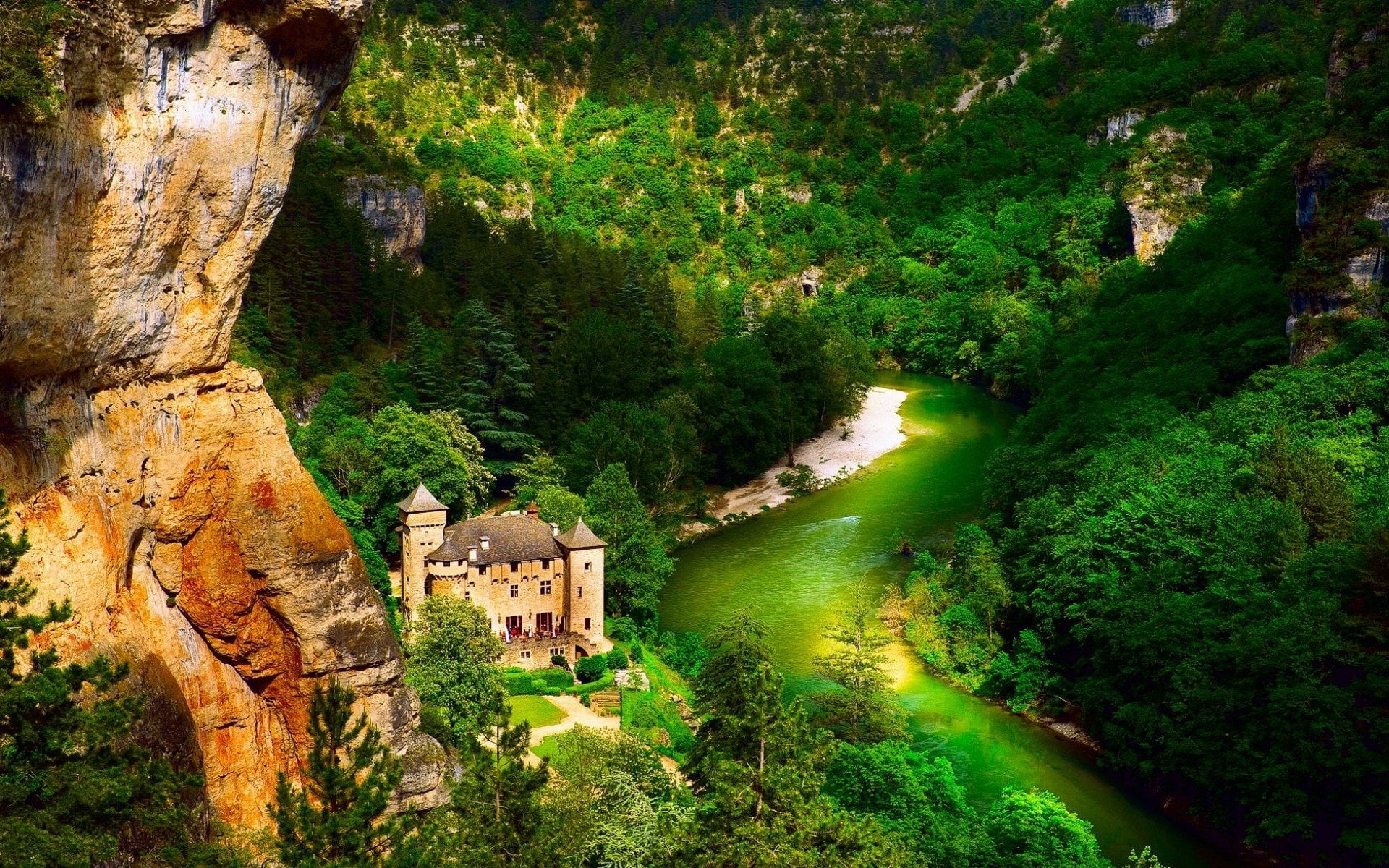 no people, Glen, Castles, Rock, land, built structure, nature, architecture, outdoors, water, Château de La Caze, scenics - nature, high angle view, 1080P, HD Wallpaper