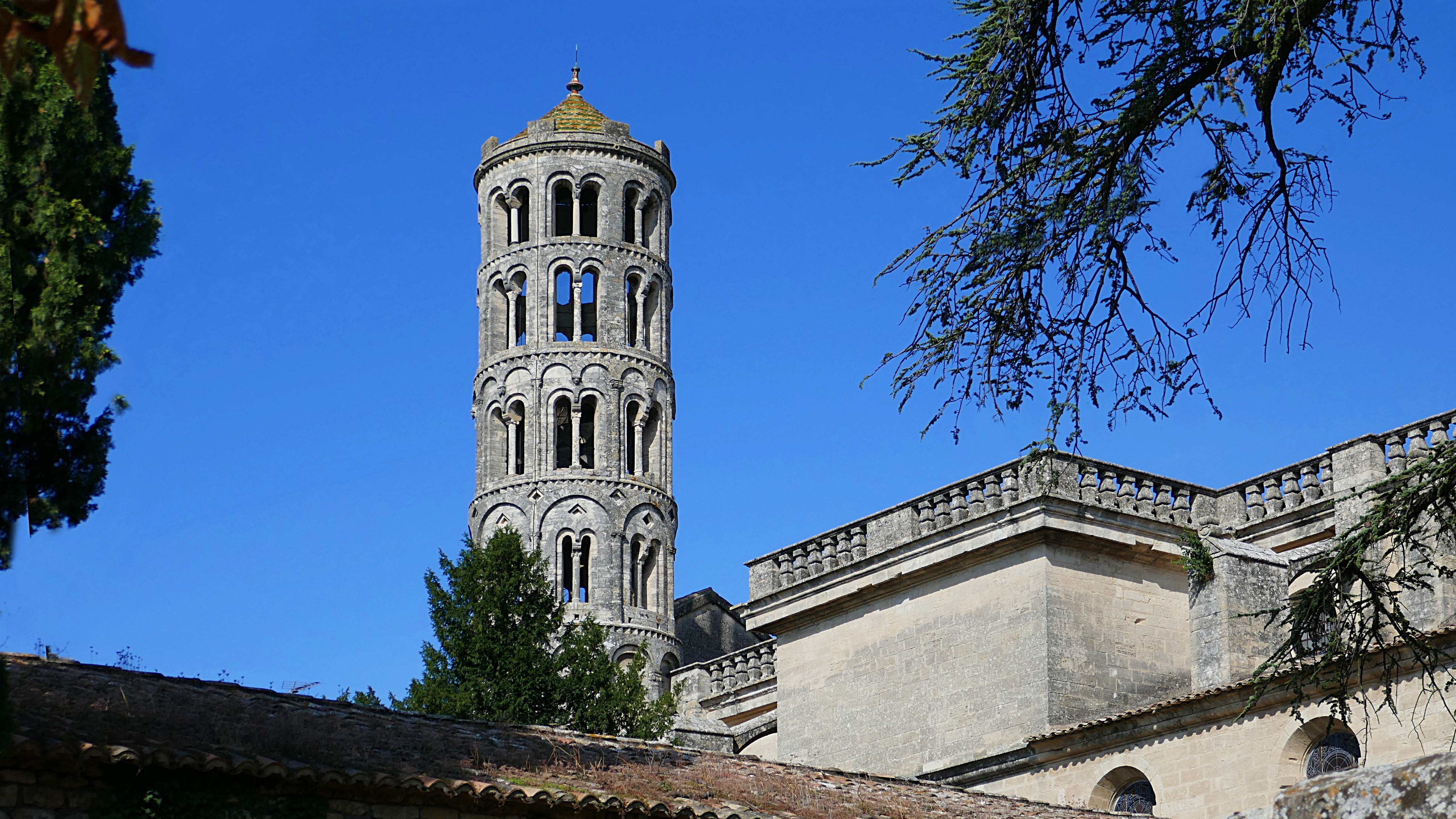old, medieval, architecture, blue, plant, Fenestrelle, the past, uzes, sky, Tower, outdoors, low angle view, building, tree, belief, saint-théodorit cathedral, HD Wallpaper