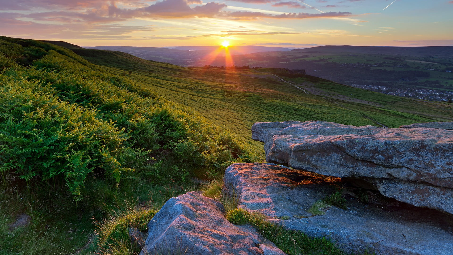 tranquil scene, sky, orange color, growth, plant, sunset, land, moorland, grass, flowing water, tree, outdoors, highland, morning, scenics - nature, wilderness, HD Wallpaper