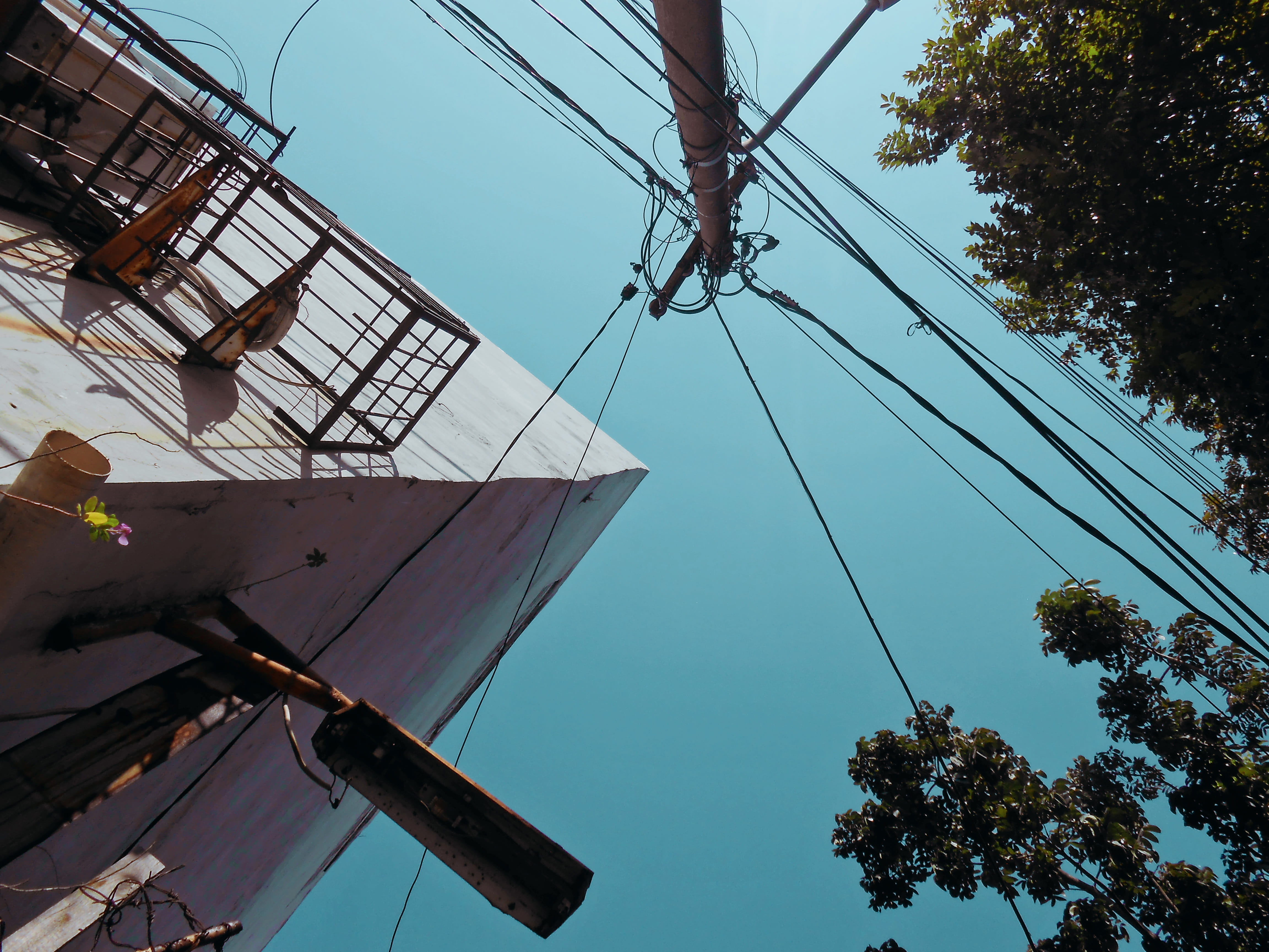 frame, clear sky, horizon, power line, cables, indonesia, blue, sailboat, day, transportation, connection, sky, lines, tree, surabaya, wall, no people, HD Wallpaper