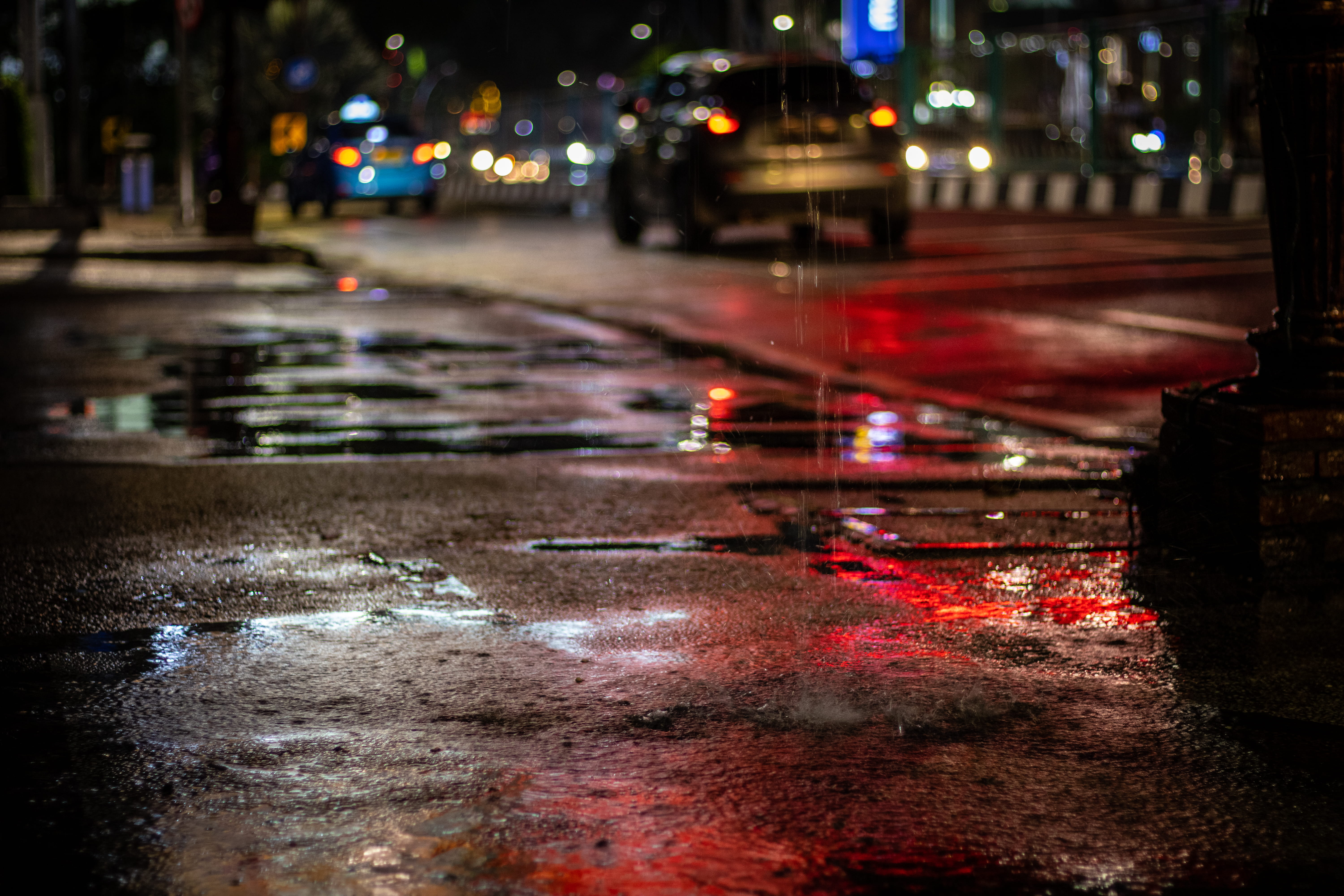puddle, mode of transportation, street photography, indonesia, wet, raindrop, 5K, city street, asphalt, building, car, vehicle, torrential rain, headlight, HD Wallpaper
