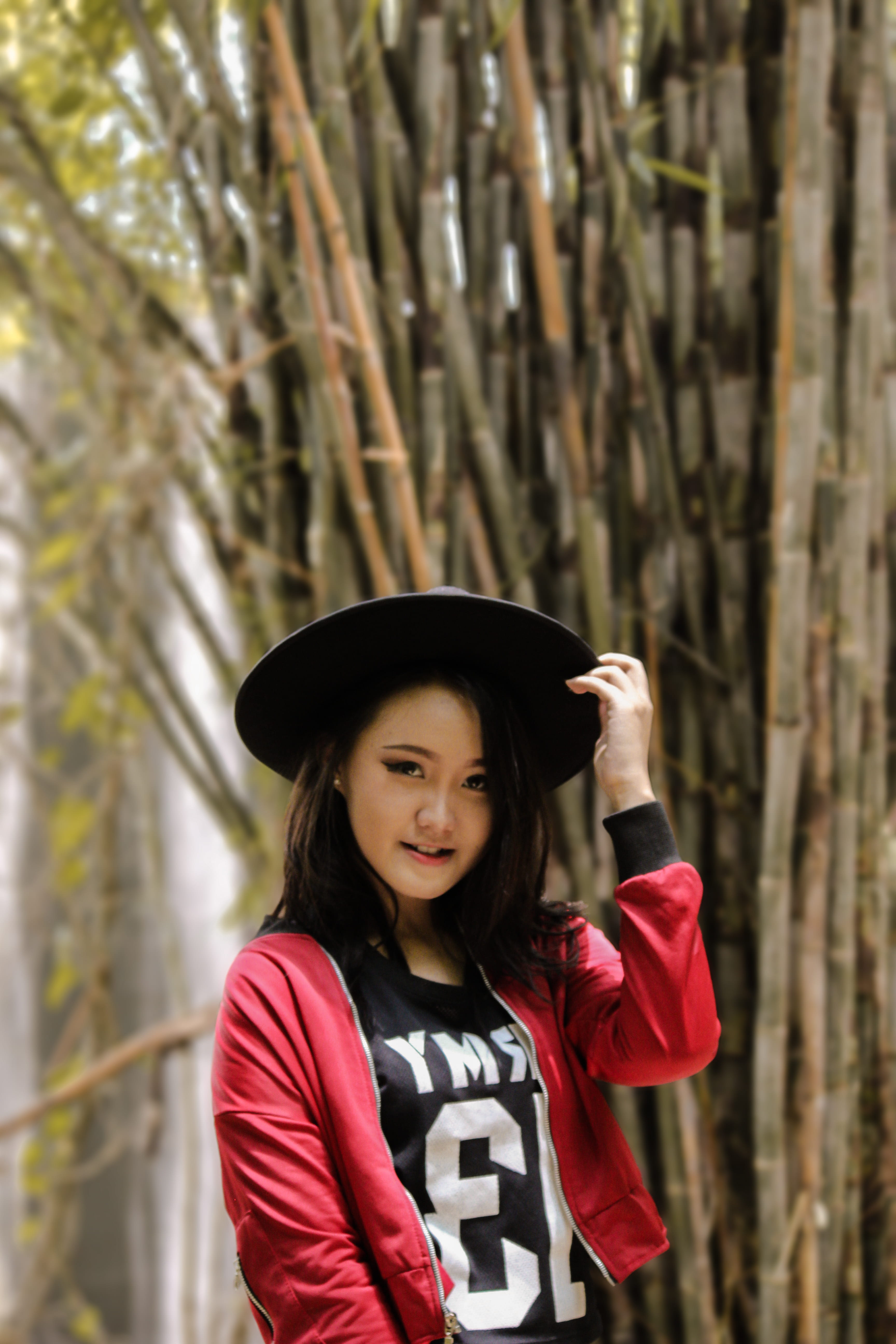 hat, 5K, tree, hutan bambu, surabaya, day, focus on foreground, bamboo, standing, looking at camera, afternoon, clothing, portrait, casual clothing, forest, Phone HD Wallpaper