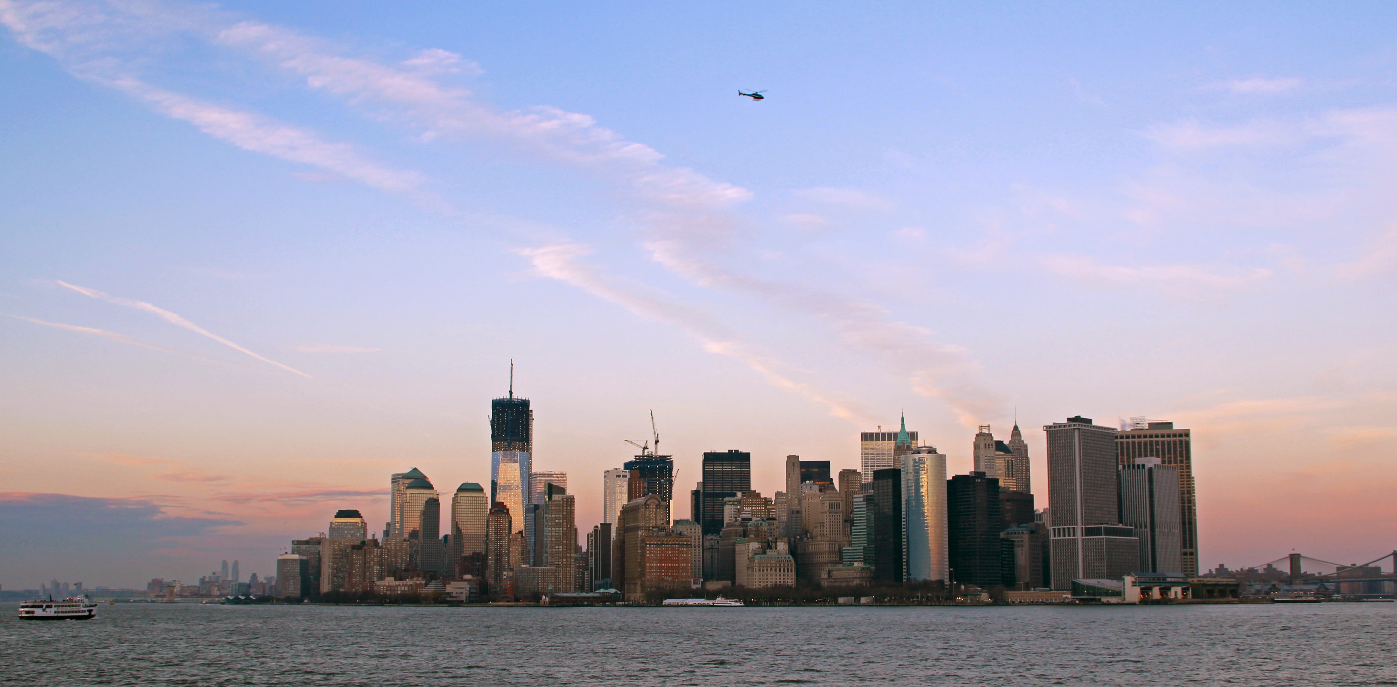 no people, travel destinations, city, cloud - sky, skyscraper, office building exterior, morning, downtown, vapor trail, human settlement, transportation, HD Wallpaper