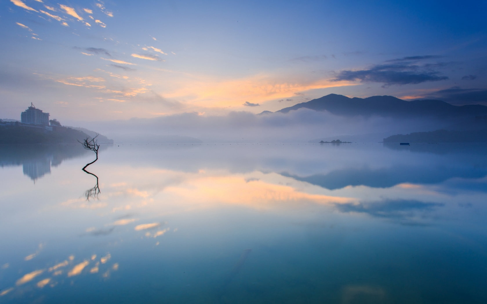 bush, 720P, clouds, surface of the water, merge, HD Wallpaper