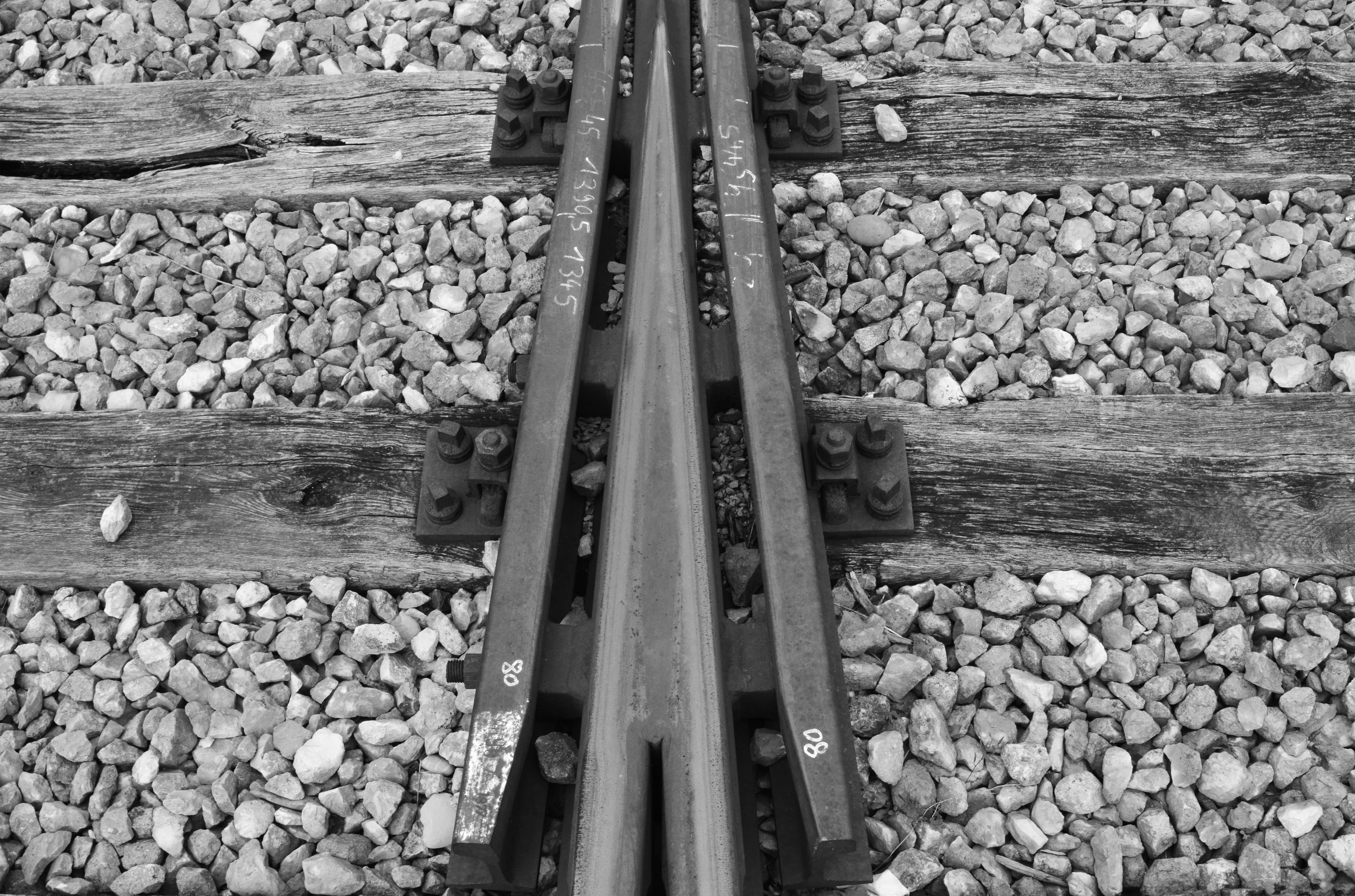 monochrome, railway rails, stone - object, junction, abundance, rail transportation, rock - object, track, connection, threshold, wood - material, railroad tracks, HD Wallpaper