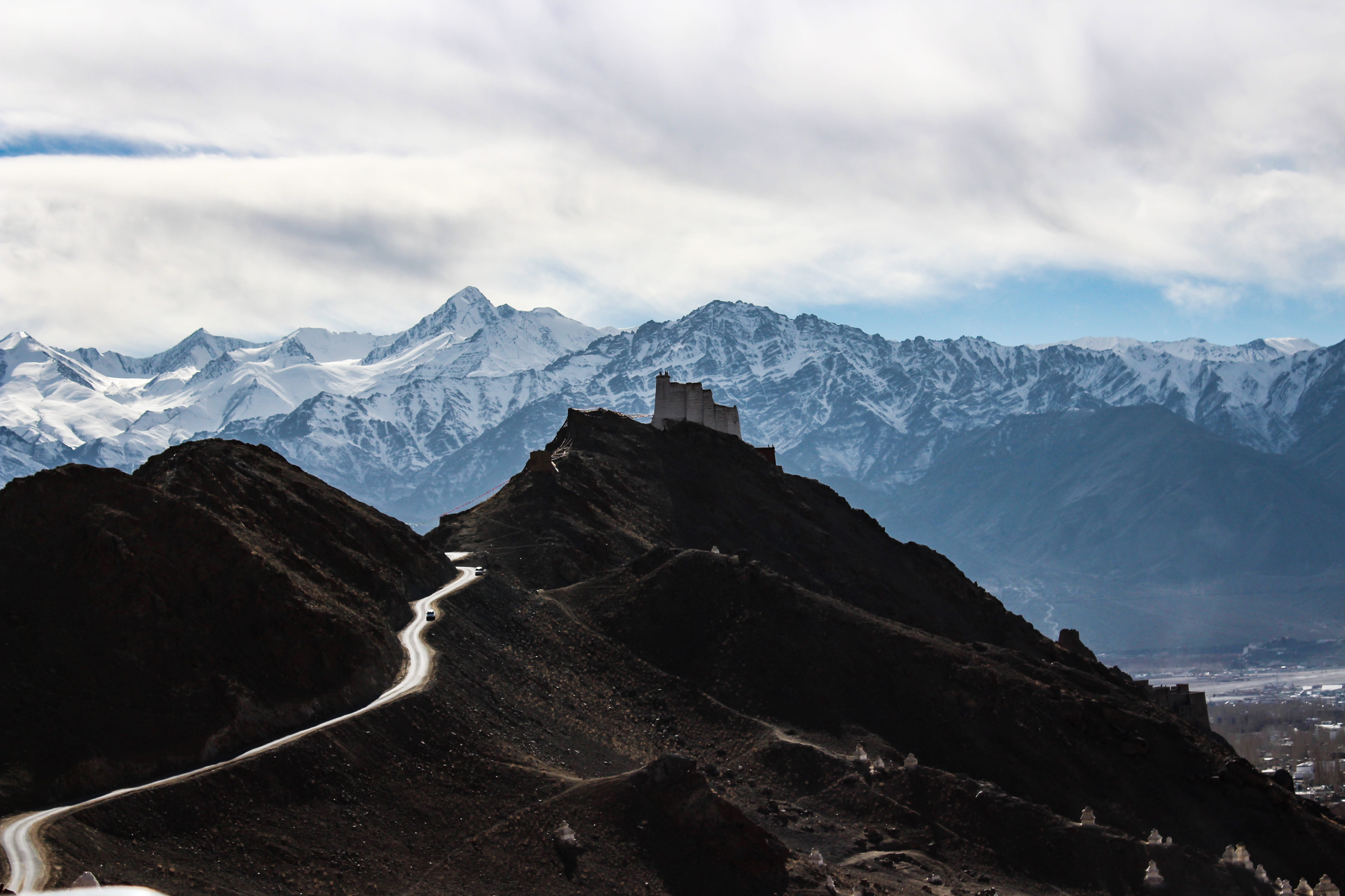 leh, sky, beauty in nature, cloud - sky, himalyan, mountains, environment, mountain peak, monastery, path, ice, landscape, formation, inspiration, journey, HD Wallpaper
