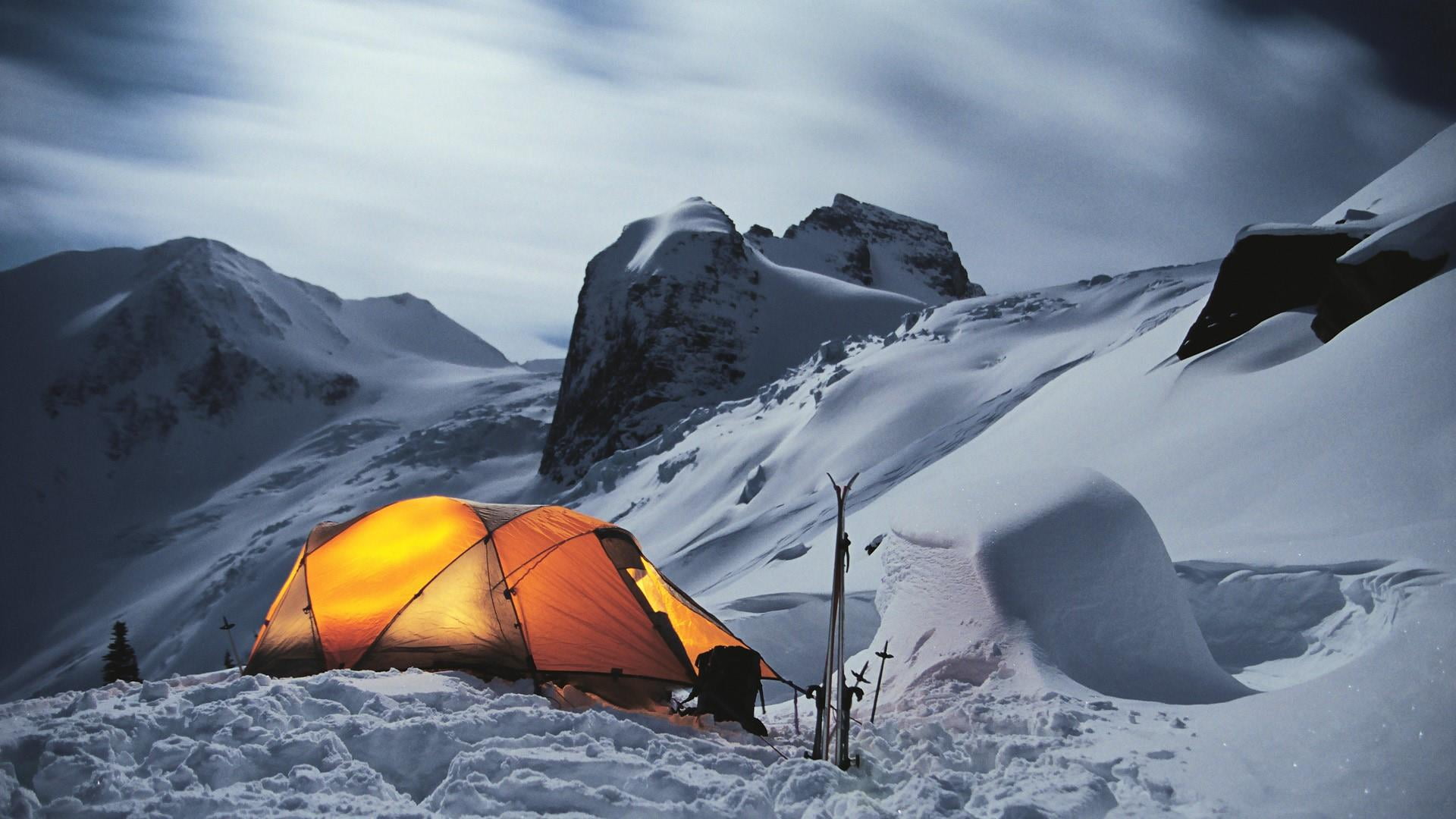 nunatak, glacial landform, outdoors, camping, mountaineer, incredible, beauty in nature, 1080P, scenics - nature, cloud - sky, tent, ski, day, mountain, HD Wallpaper