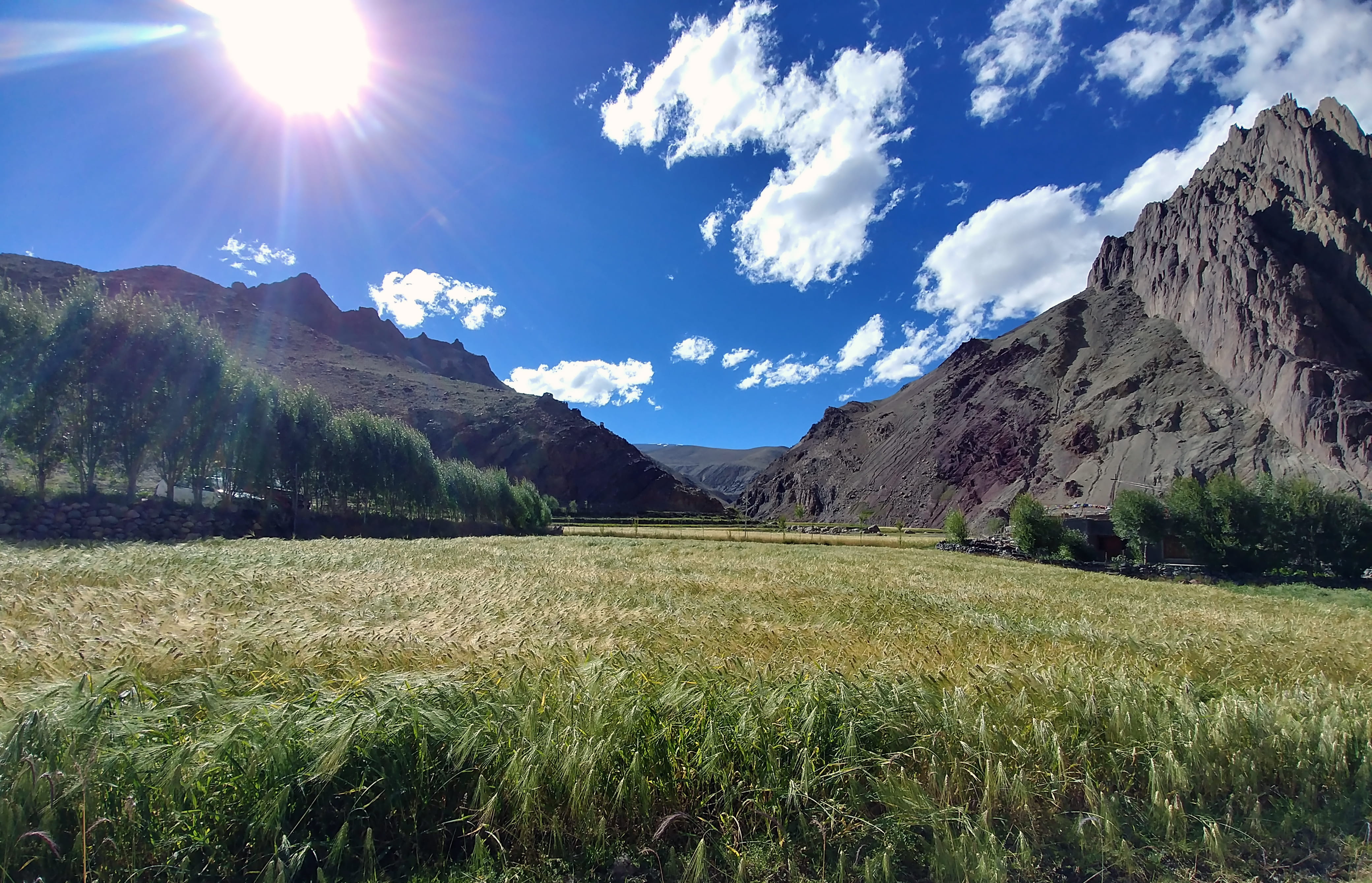 adventure, scenics - nature, 4K, day, landscape, no people, nature, lens flare, extreme, grass, mountain, beauty in nature, sky, field, outdoors, sunlight, HD Wallpaper