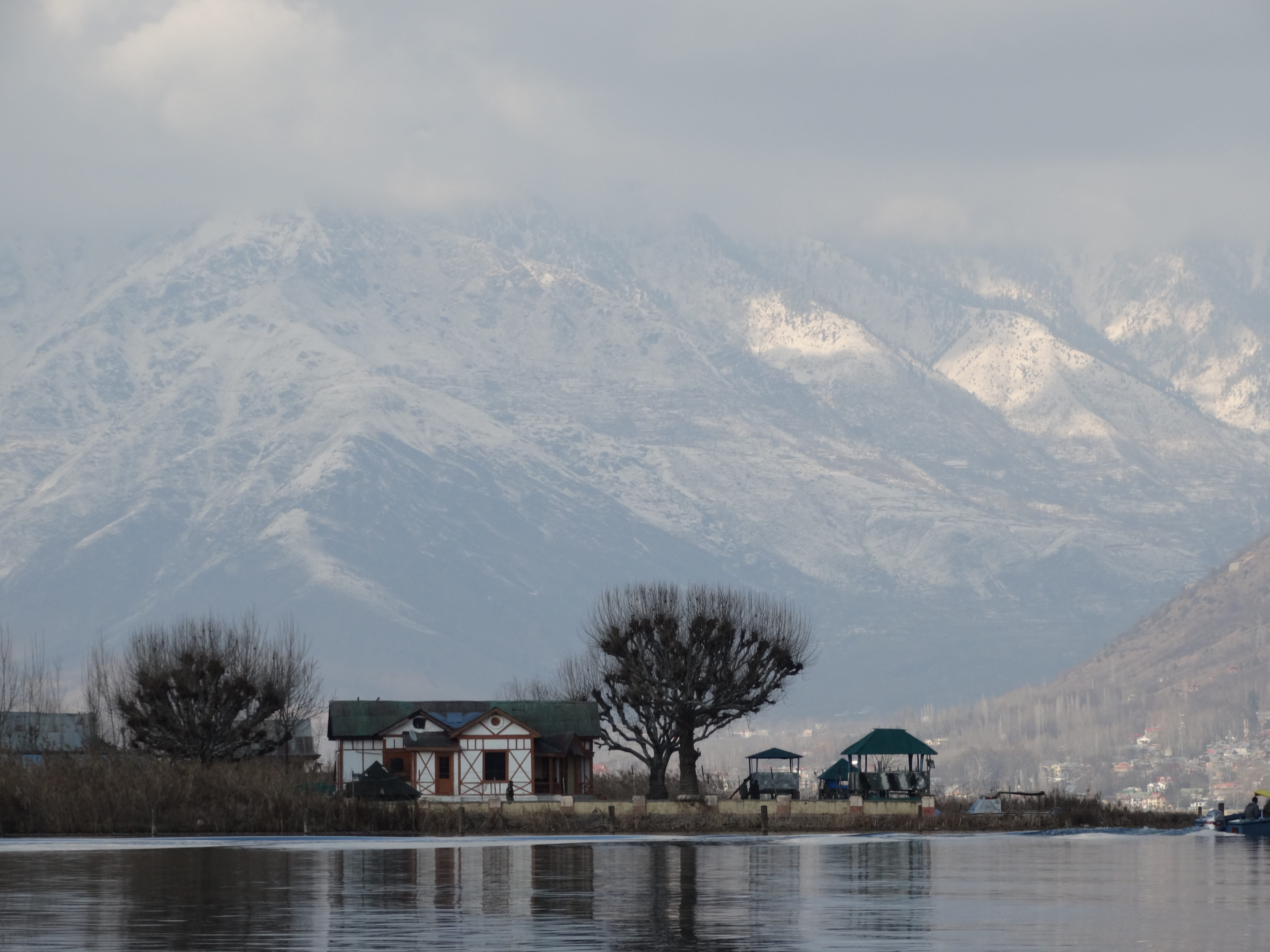 architecture, scenic, nature, house, water, mountain range, snowcapped mountain, no people, hill, plant, tree, built structure, clouds, srinagar, cold temperature, HD Wallpaper