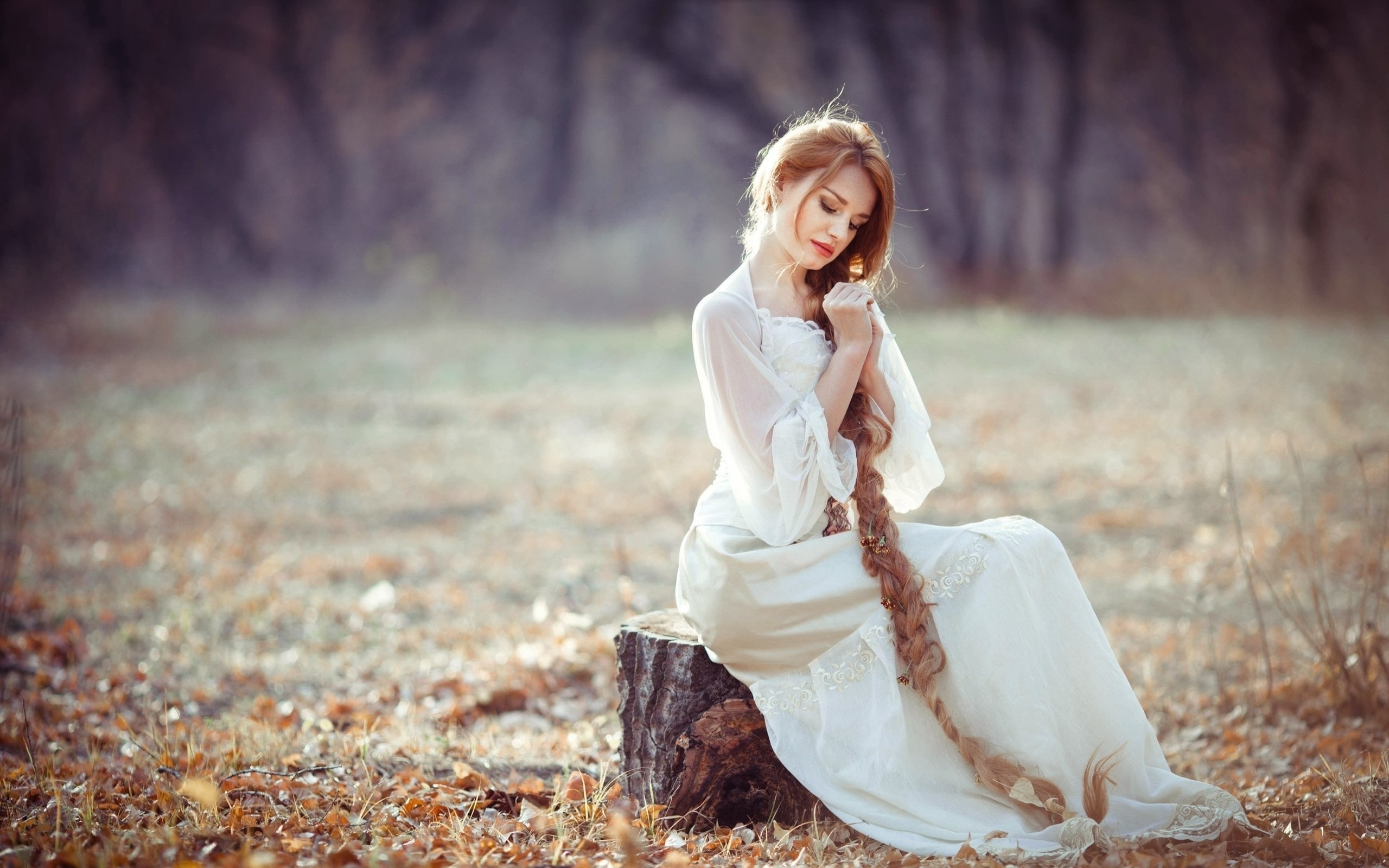 women, white, Blonde, bishop, gown, 2K, Girl, s, see, sleeve, Hair, Stump, Autumn, Long, HD Wallpaper