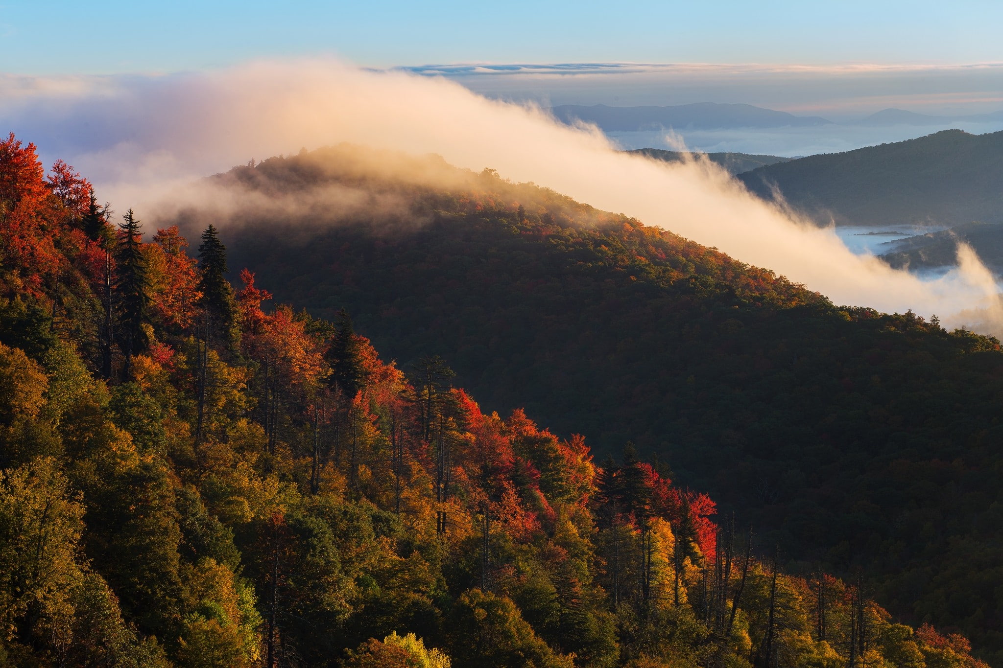 non-urban scene, cloud - sky, tranquility, high angle view, sky, autumn, idyllic, trees, North Carolina, mountain, 1080P, growth, clouds, forest, nature, HD Wallpaper