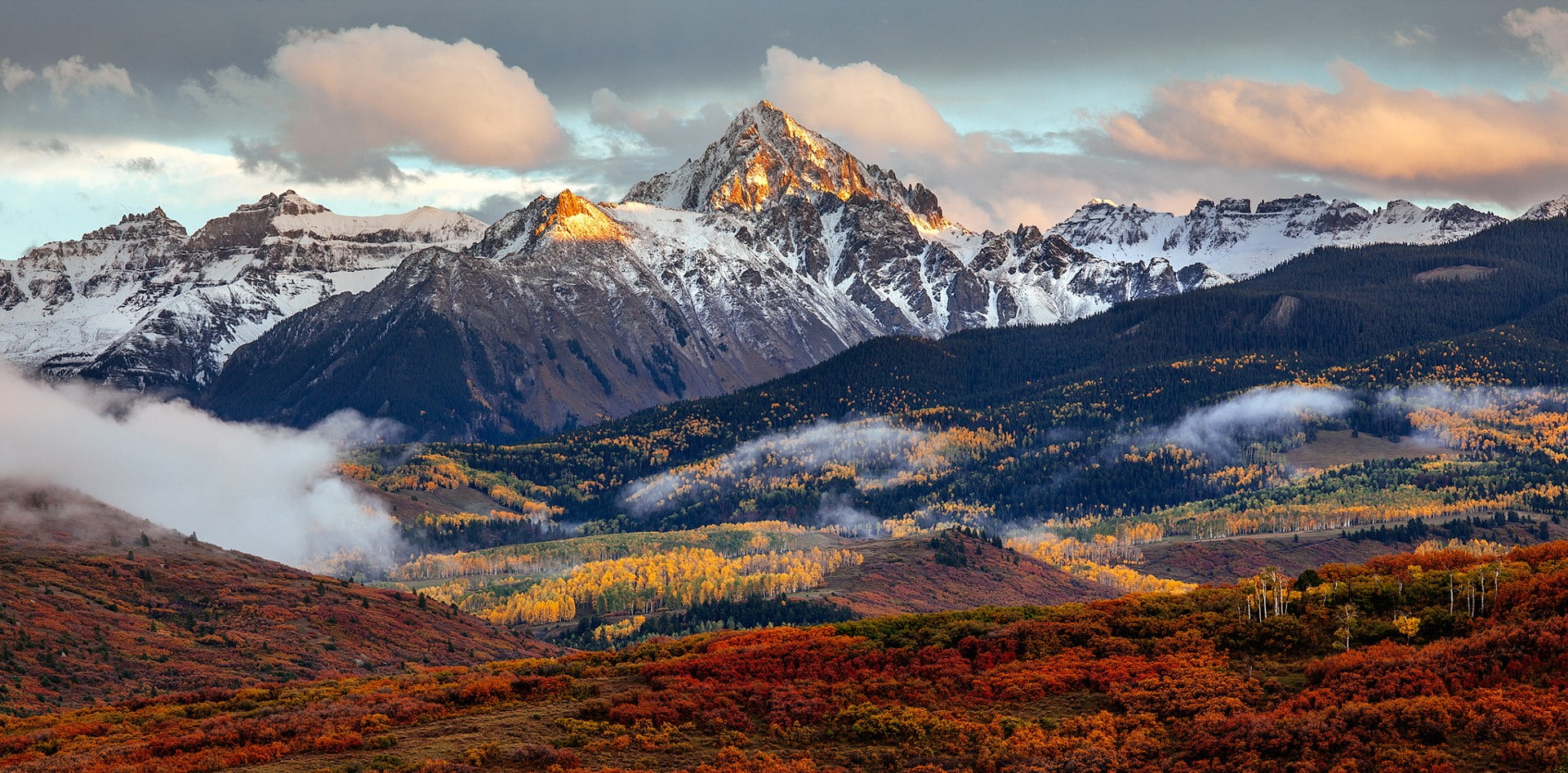 red leaves, snowy mountain, forest, Colorado, Rocky Mountains, fall, 1080P, valley, mountains, landscape, HD Wallpaper