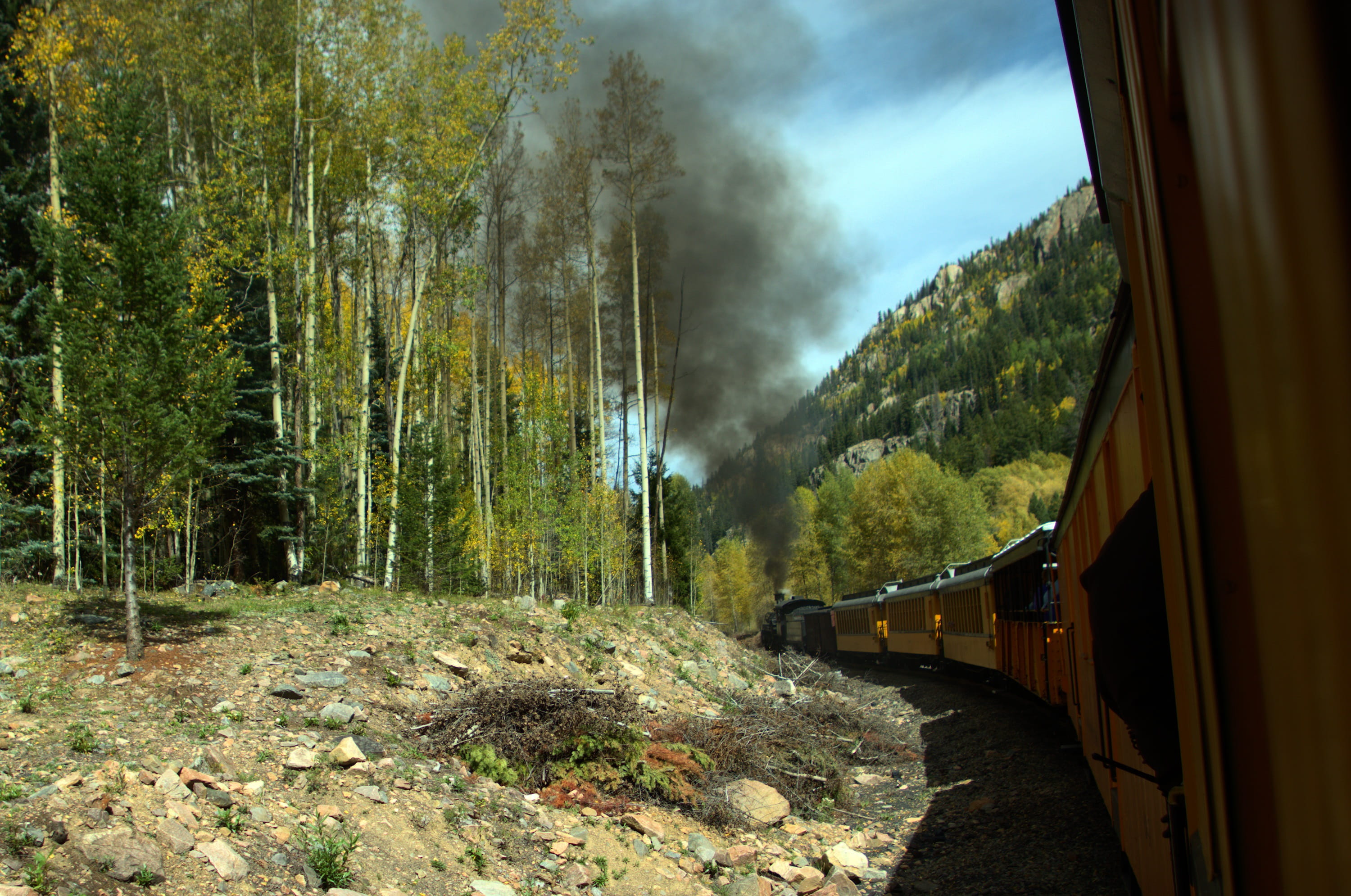 motion, journey, narrow gauge, public transportation, railroad track, mountain, autumn, woodland, plant, steam, day, transportation, landscape, smoke - physical structure, HD Wallpaper