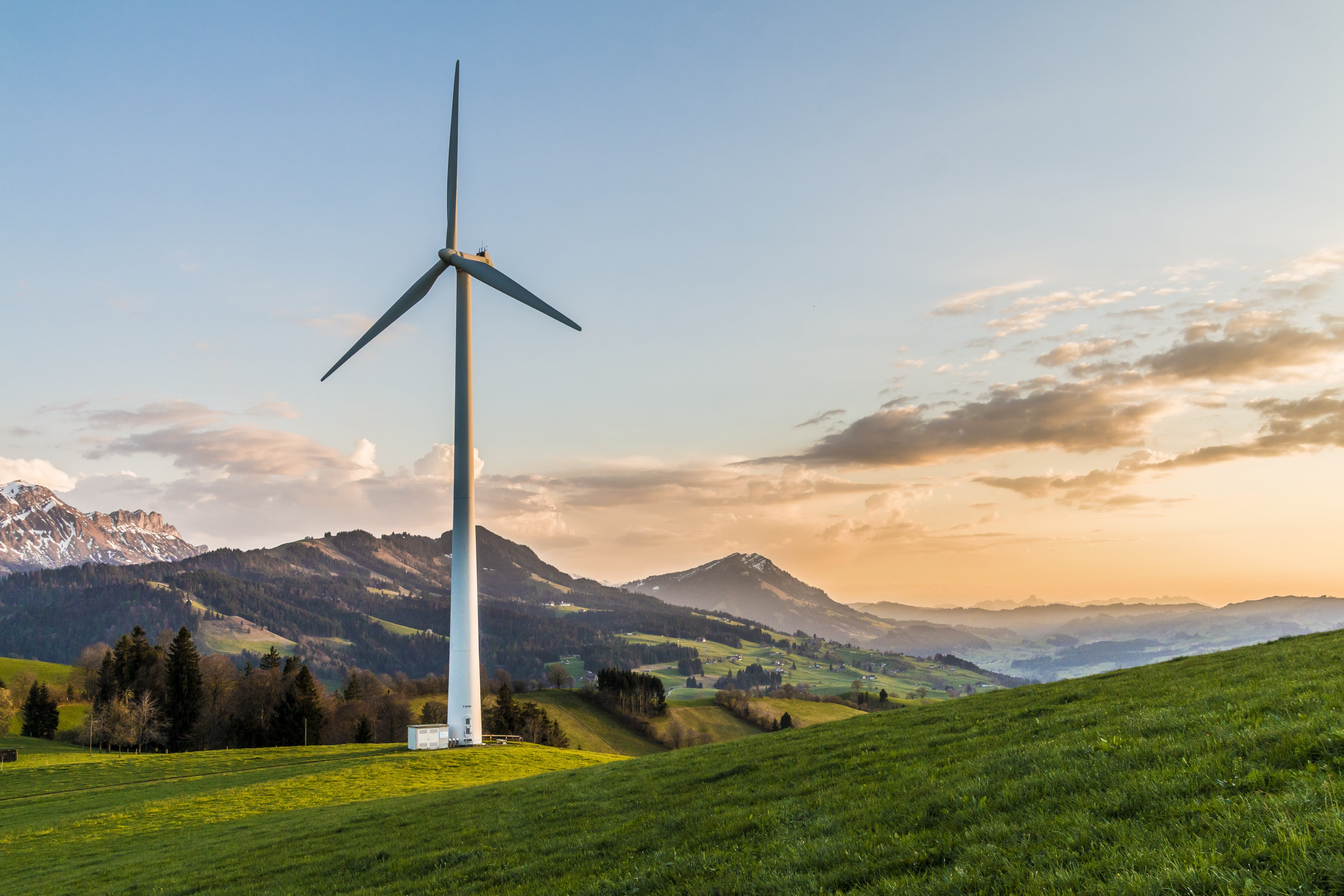 power in nature, switzerland, wind park, field, environmentally friendly, sunset, renewable energy, energy revolution, beauty in nature, grass, outdoors, HD Wallpaper