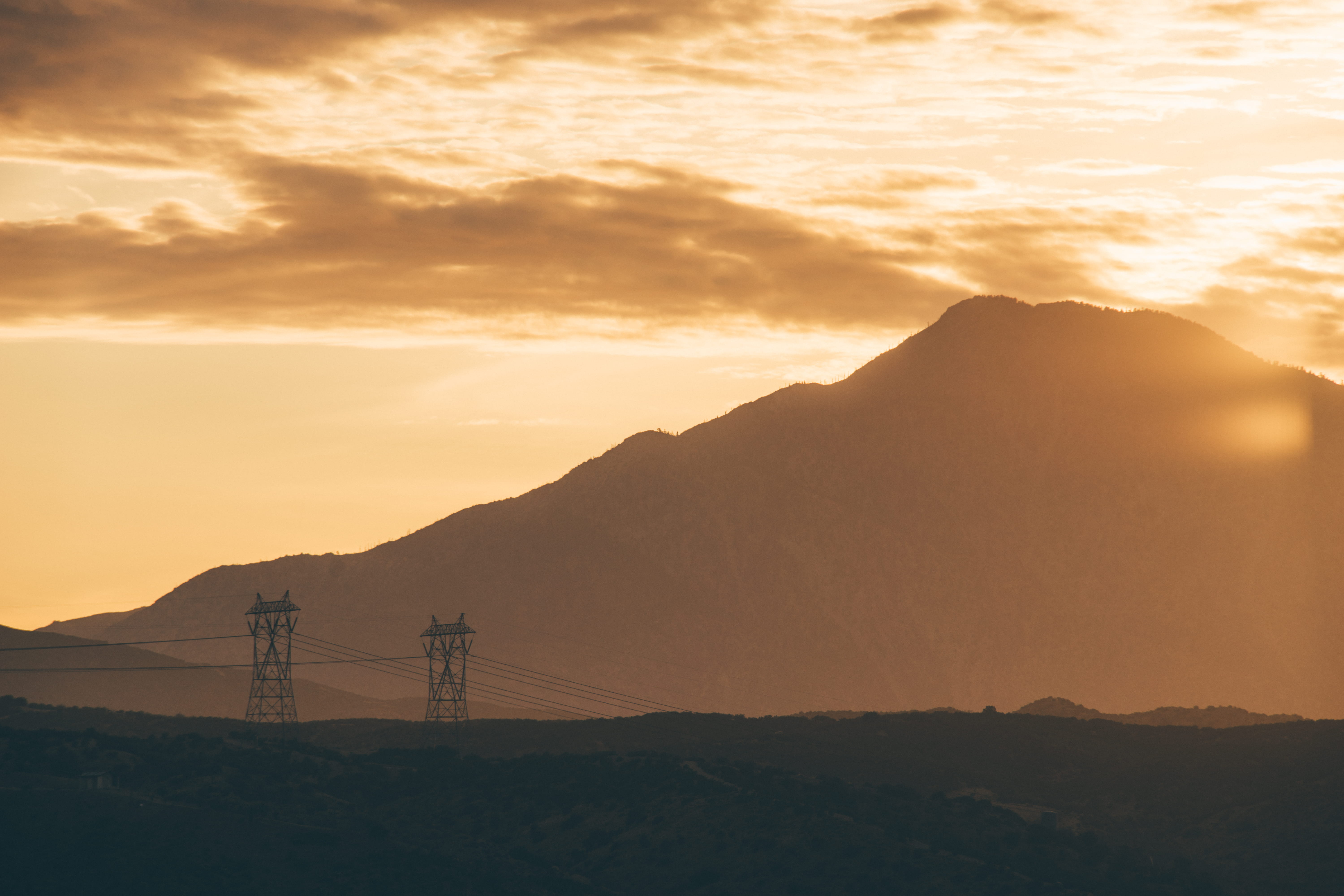 sky, tranquil scene, silhouette, scenics - nature, cloud - sky, summit, beauty in nature, no people, outdoors, power supply, utilitypoles, peak, transmission, HD Wallpaper