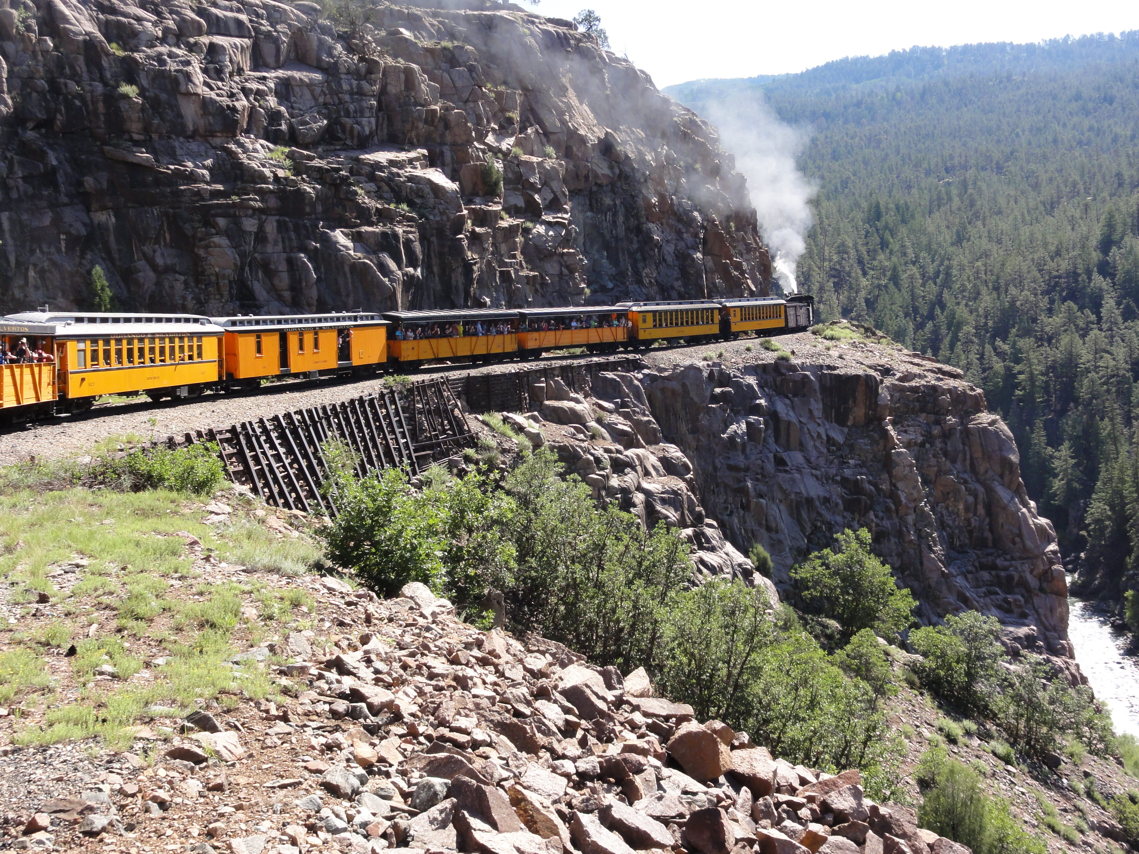 road, outdoors, passenger train, mountain, canyon, smoke, scenery, no people, animas, day, steam, engine, rail transportation, travel, solid, cliff, train, HD Wallpaper