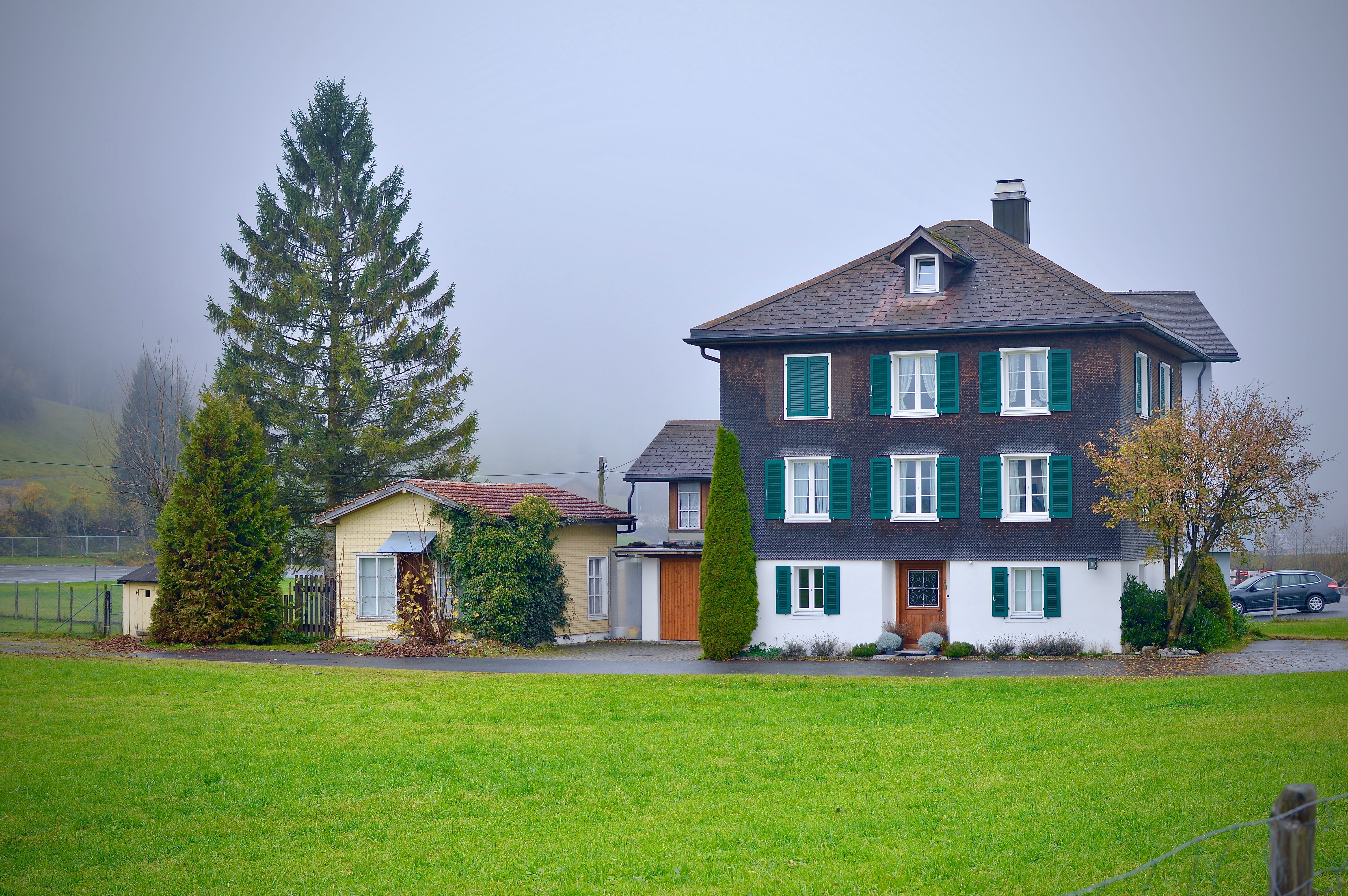 home, architecture, front or back yard, land, switzerland, plant, switerland, window, house in valley, interlaken, tree, 5K, mount titlis, residential district, HD Wallpaper