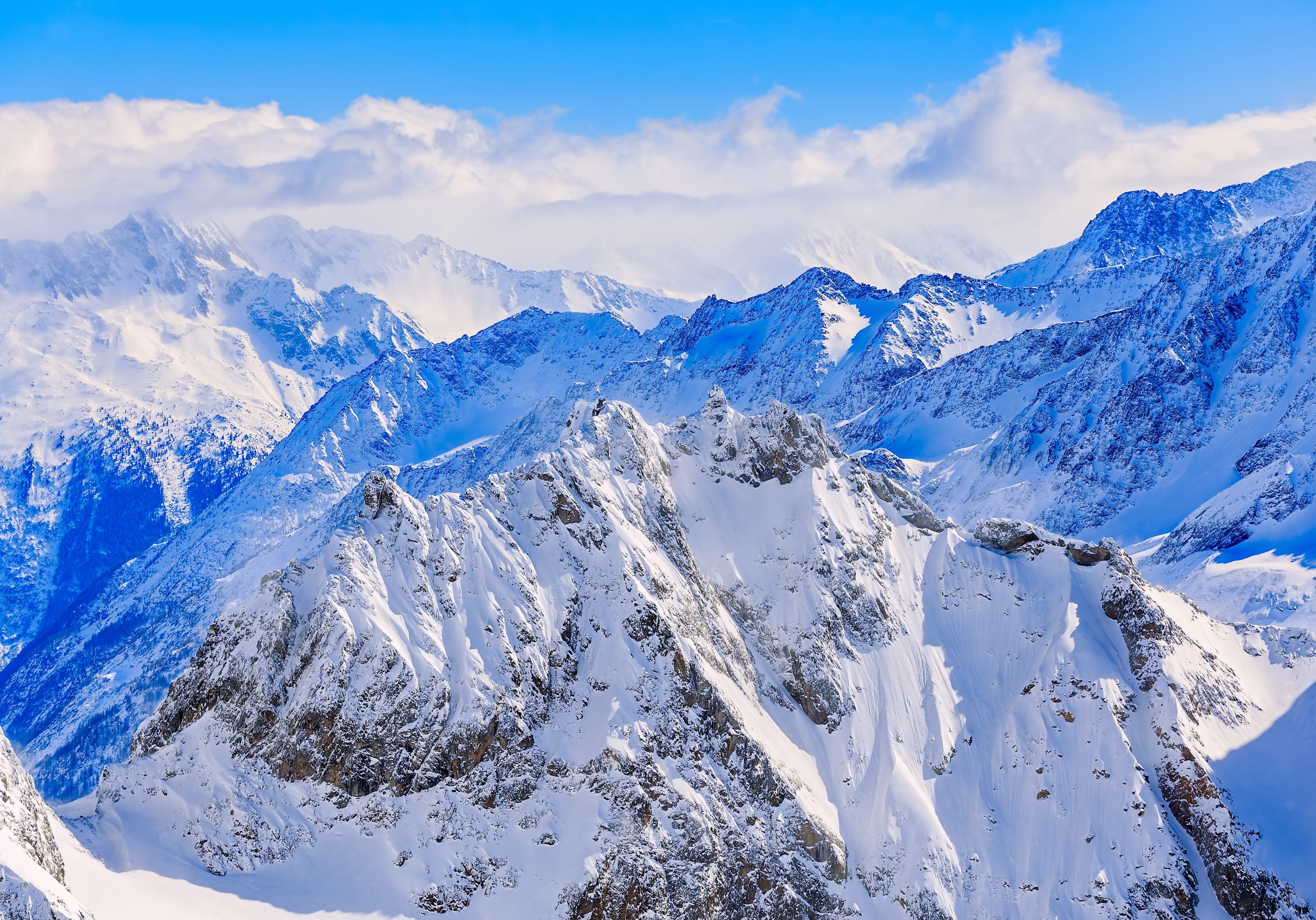 formation, alpine, covered, mountain range, snow, sky, scenics - nature, swiss alps, cloud - sky, winter, blue, europe, summit, bern, travel, tranquil scene, HD Wallpaper