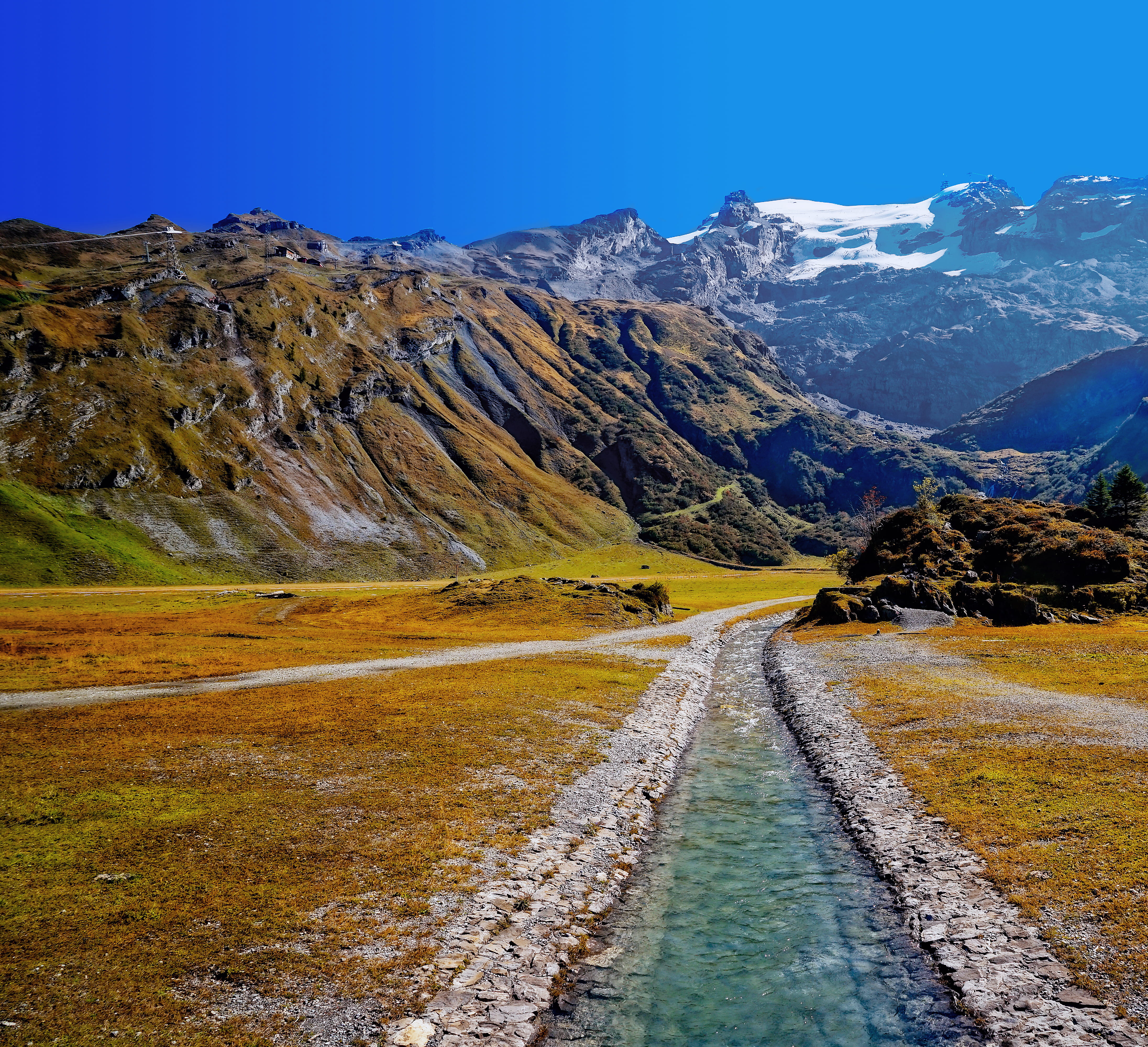 grass, covered, transportation, direction, mountain peak, watertrail, clear sky, non-urban scene, daytime, environment, ice, snow, river, land, spring, HD Wallpaper