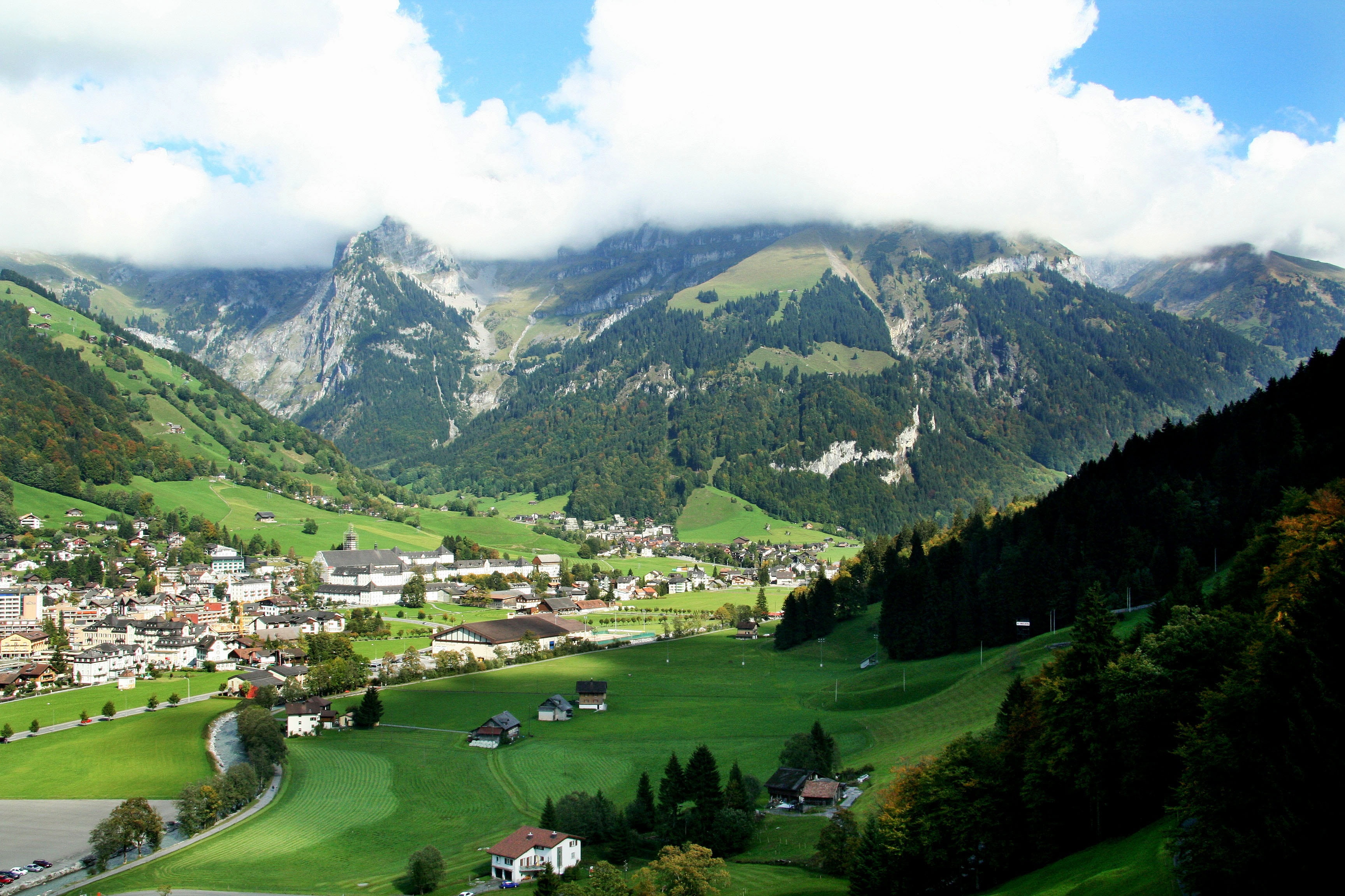 small town, mountain, cloud - sky, 2K, environment, building, no people, grass, beauty in nature, bridges, non-urban scene, tree, lake, forest, switzerland, HD Wallpaper