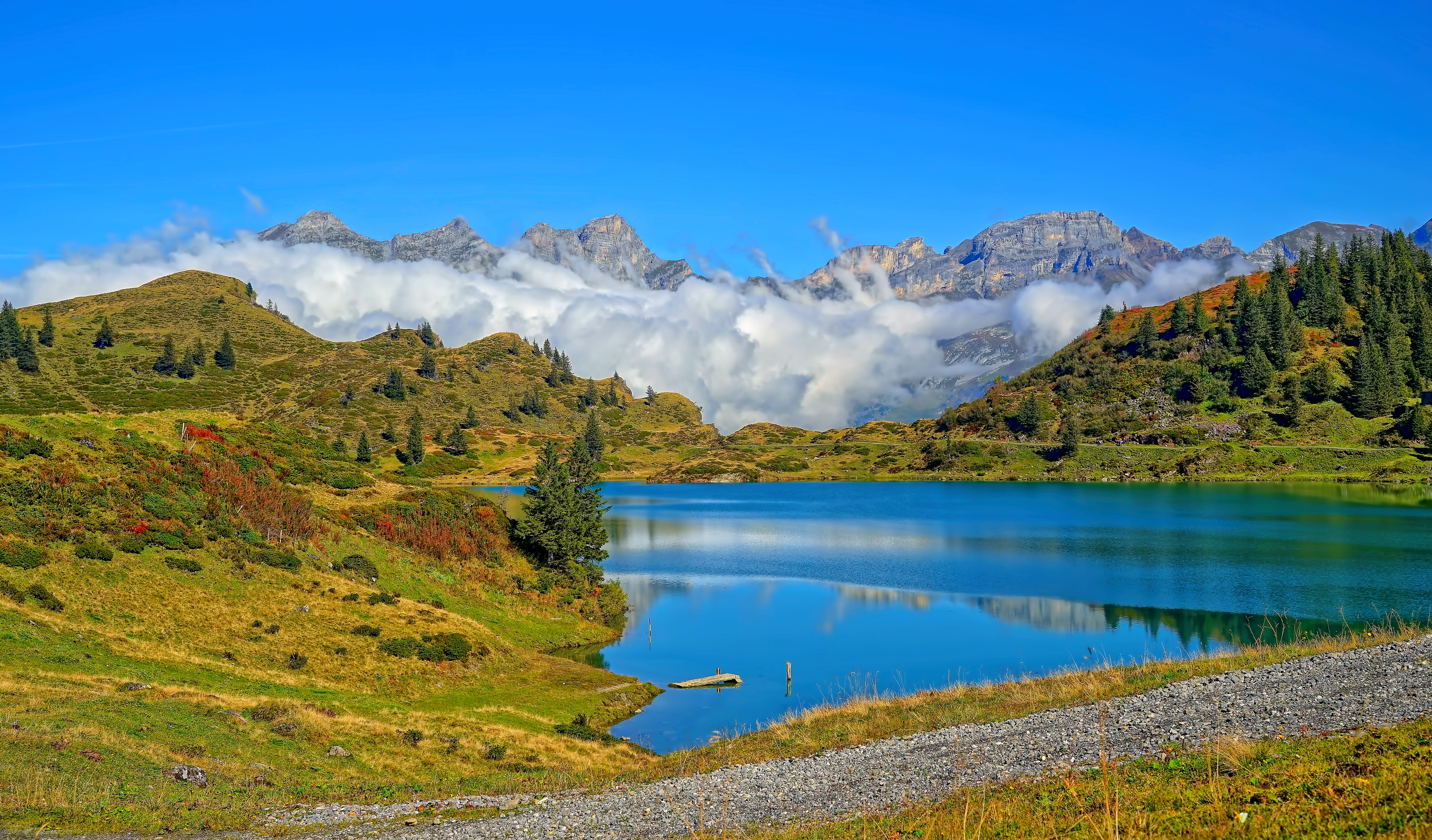 switzerland, reflection, tranquility, 5K, lage, non-urban scene, mountain range, nature, fog, environment, engelberg-titlis, water, sky, forest, cloud, HD Wallpaper