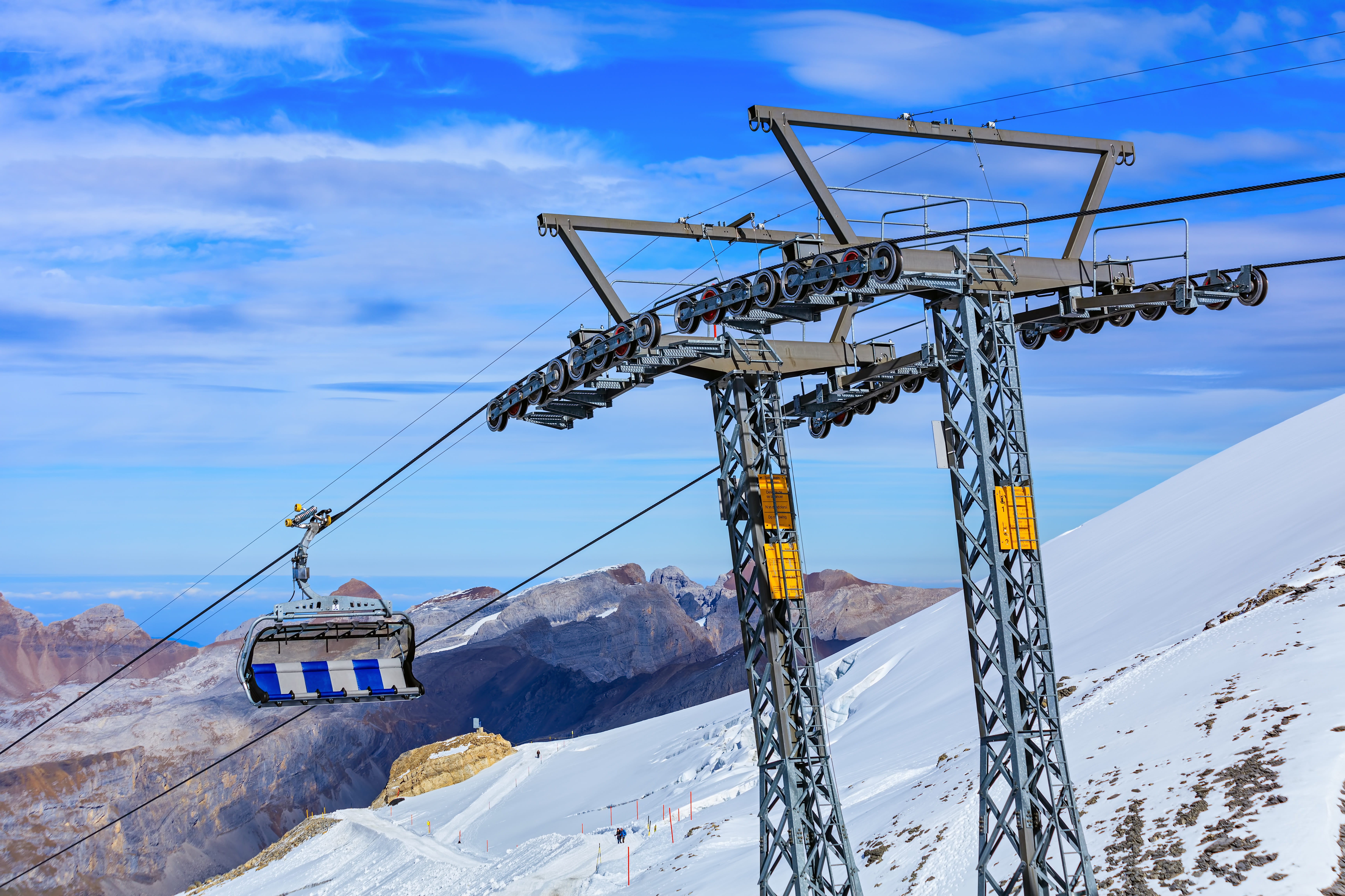 beauty in nature, travel, sky, cold temperature, aerial, ski resort, cloudy, switzerland, white color, seat, scenics, alps, titlis, swiss alps, overhead cable car, HD Wallpaper