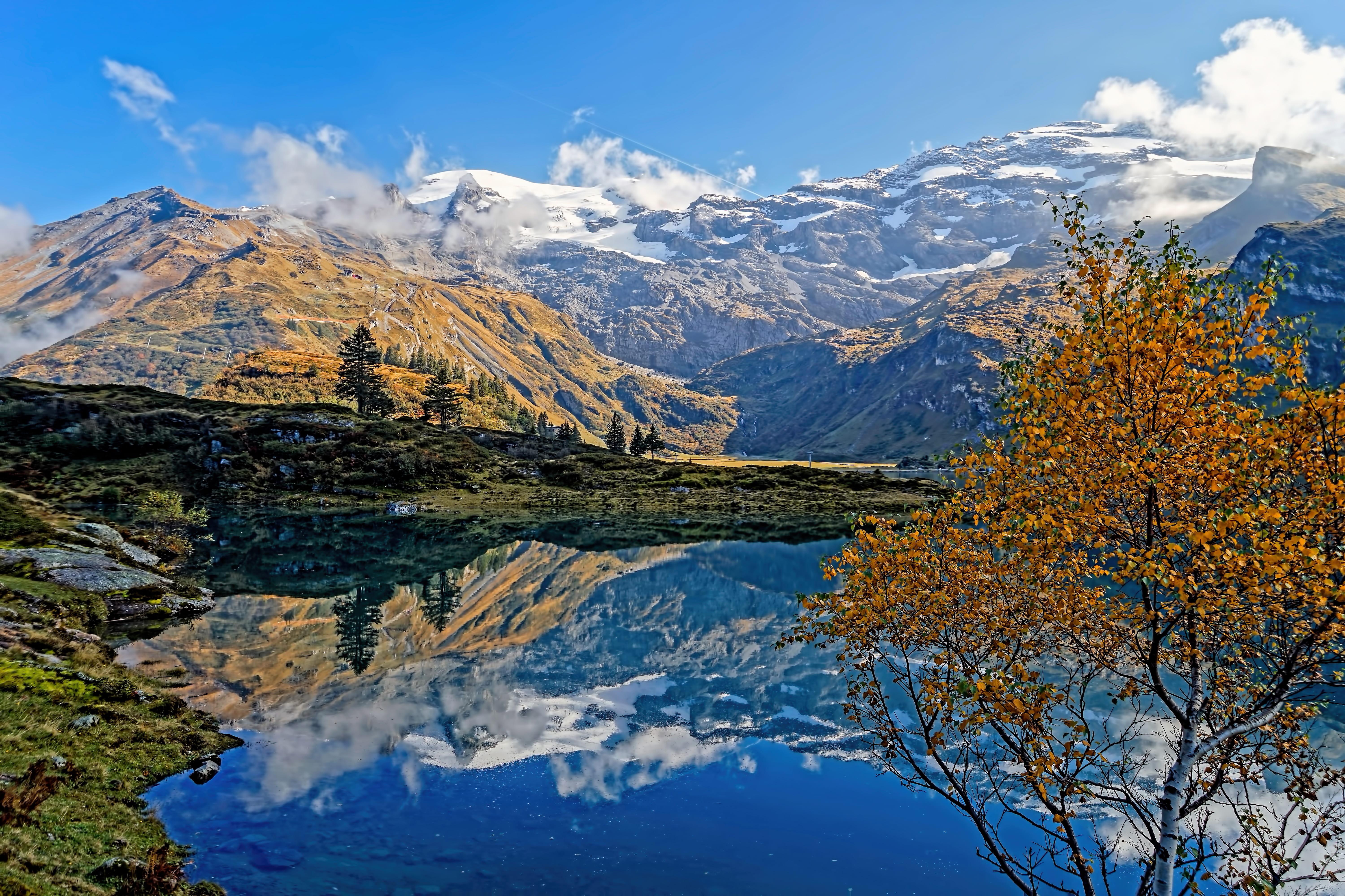 titlis, landscape, orange, snowcapped mountain, cloud - sky, sky, forest, formation, tree, autumn, ice, reflection, day, cold temperature, tranquil scene, HD Wallpaper