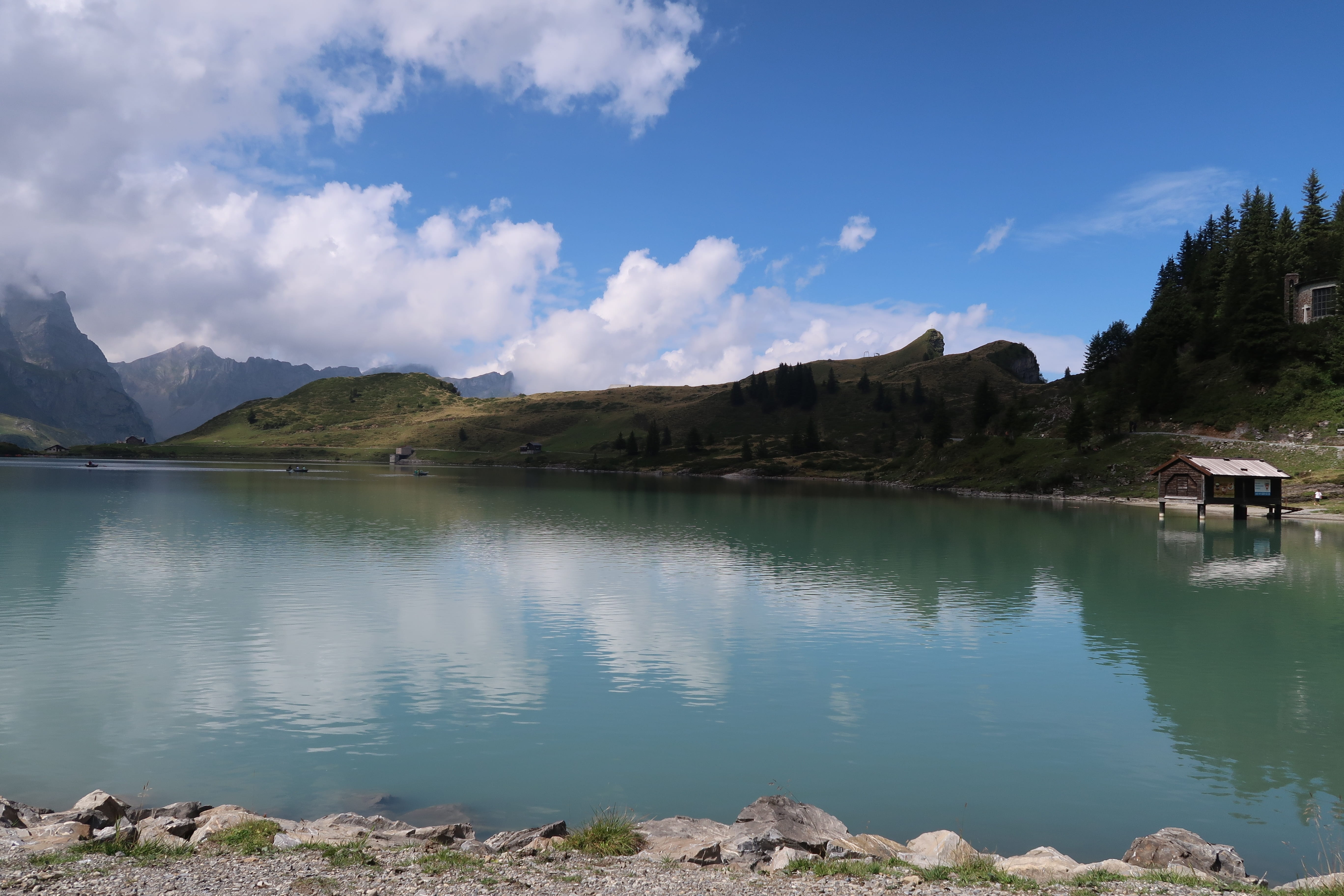 idyllic, cloud - sky, rock, remote, reflection, tranquil scene, lake, day, outdoors, mountain range, mountain, swiss, titlis, 5K, nature, trubsee, waterfront, HD Wallpaper