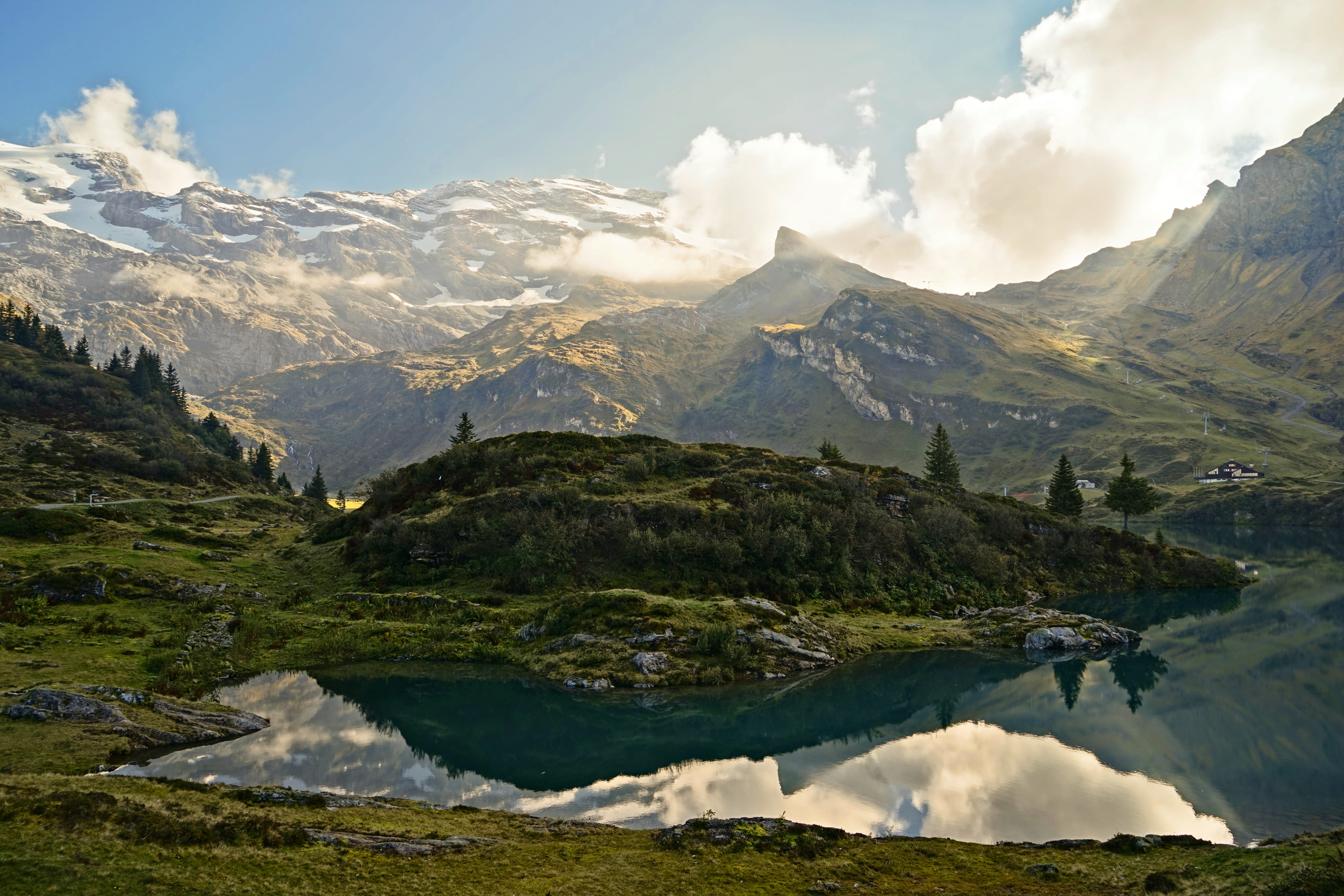 mountain, water, surrounded, outdoors, scenic, landscape, non-urban scene, idyllic, body, lake, snowcapped mountain, 5K, rock, scenics - nature, daytime, HD Wallpaper