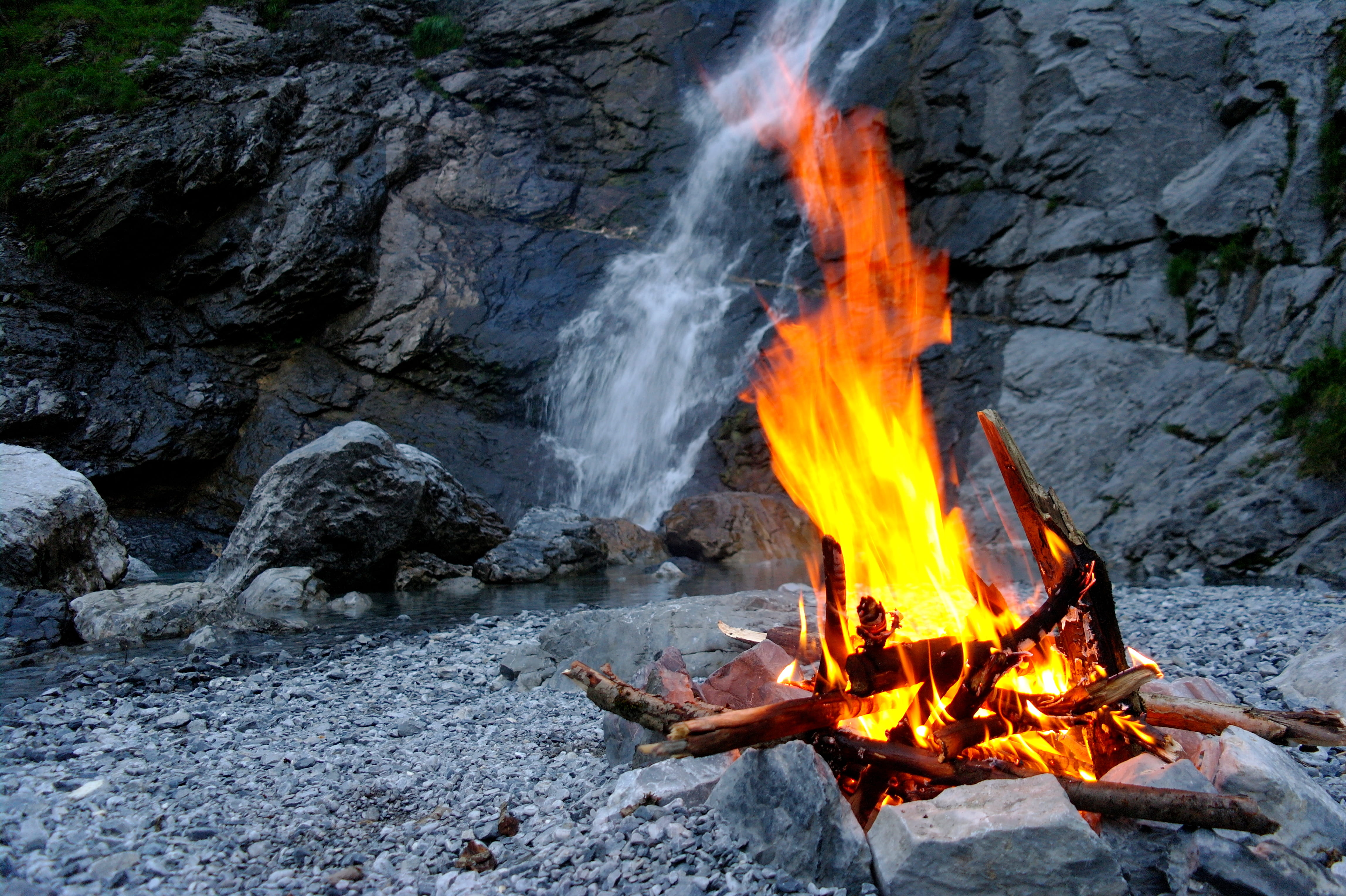 beauty in nature, heat - temperature, outdoors, motion, firewood, bonfire, camping, hundsbach, wood - material, swiss, switzerland, waterfall, 4K, wood, HD Wallpaper