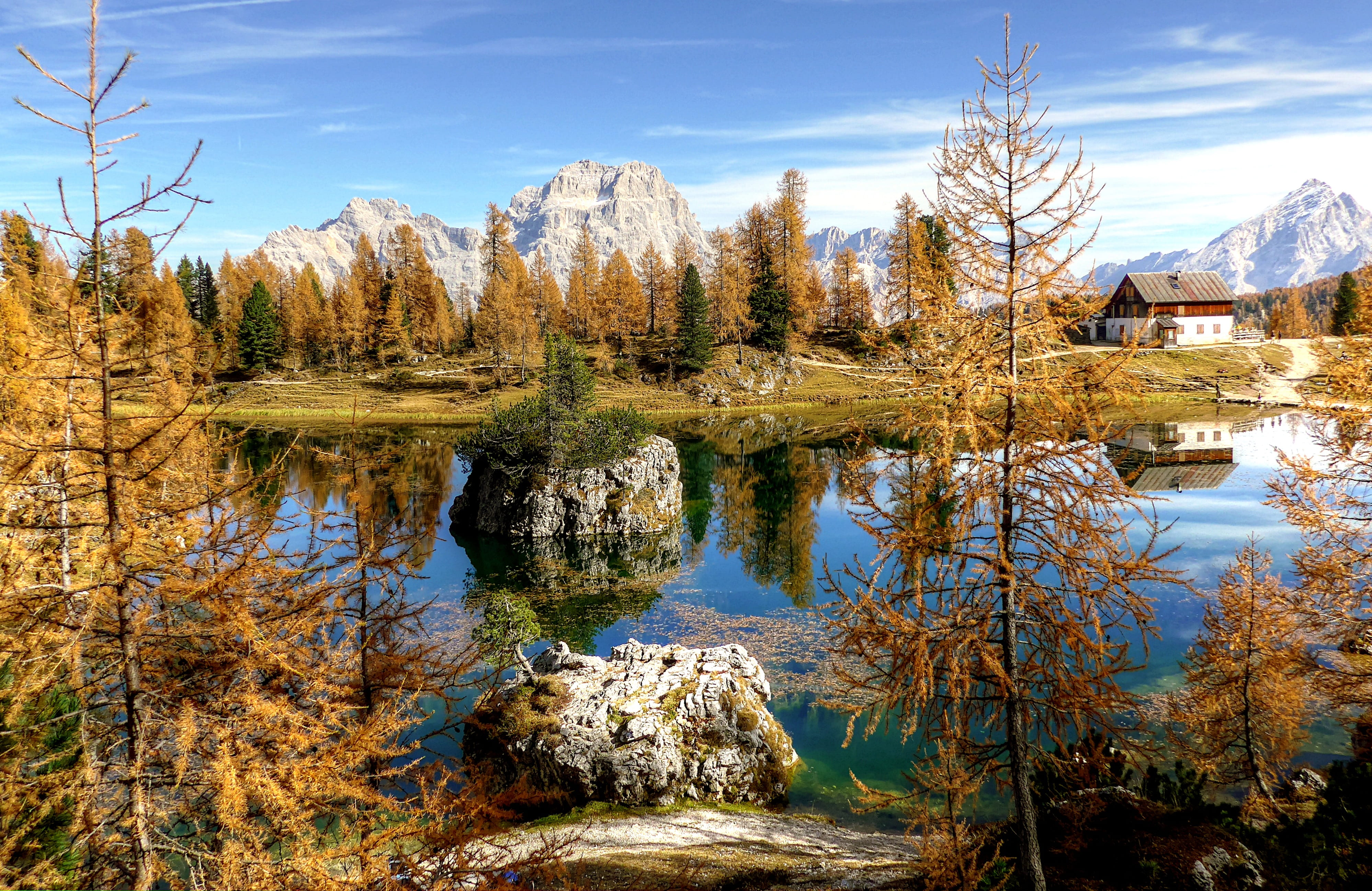 sky, blue, belluno, land, reflection, mountains, tranquil scene, alm, bergsee, tranquility, alpine panorama, dolomites, day, panorama, unesco world heritage, HD Wallpaper