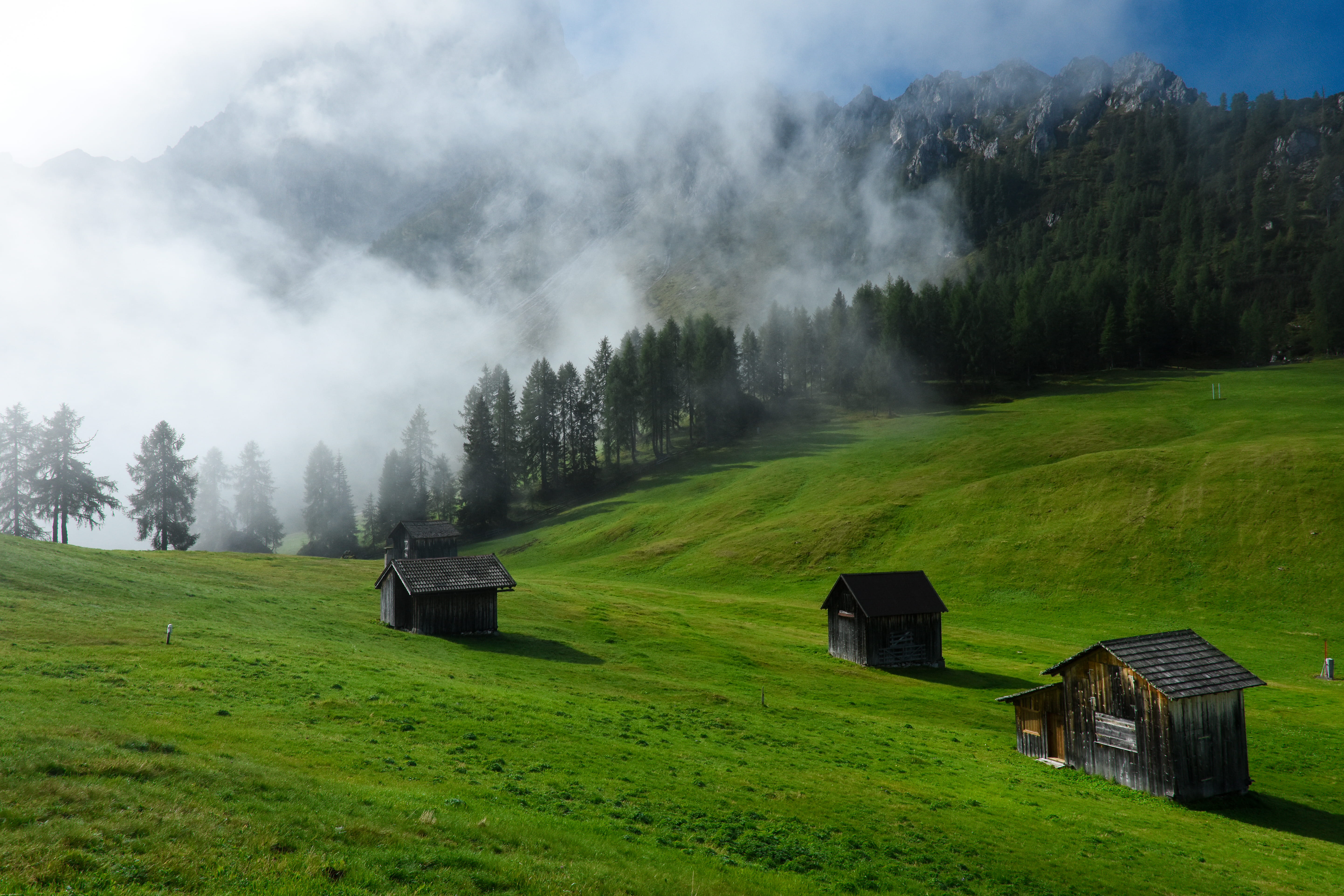 house, fog, cloudy, gravel, sheds, environment, wooden, non-urban scene, road, rifugio prati di croda rossa, grassland, sesto, outdoors, field, grass, tranquility, HD Wallpaper