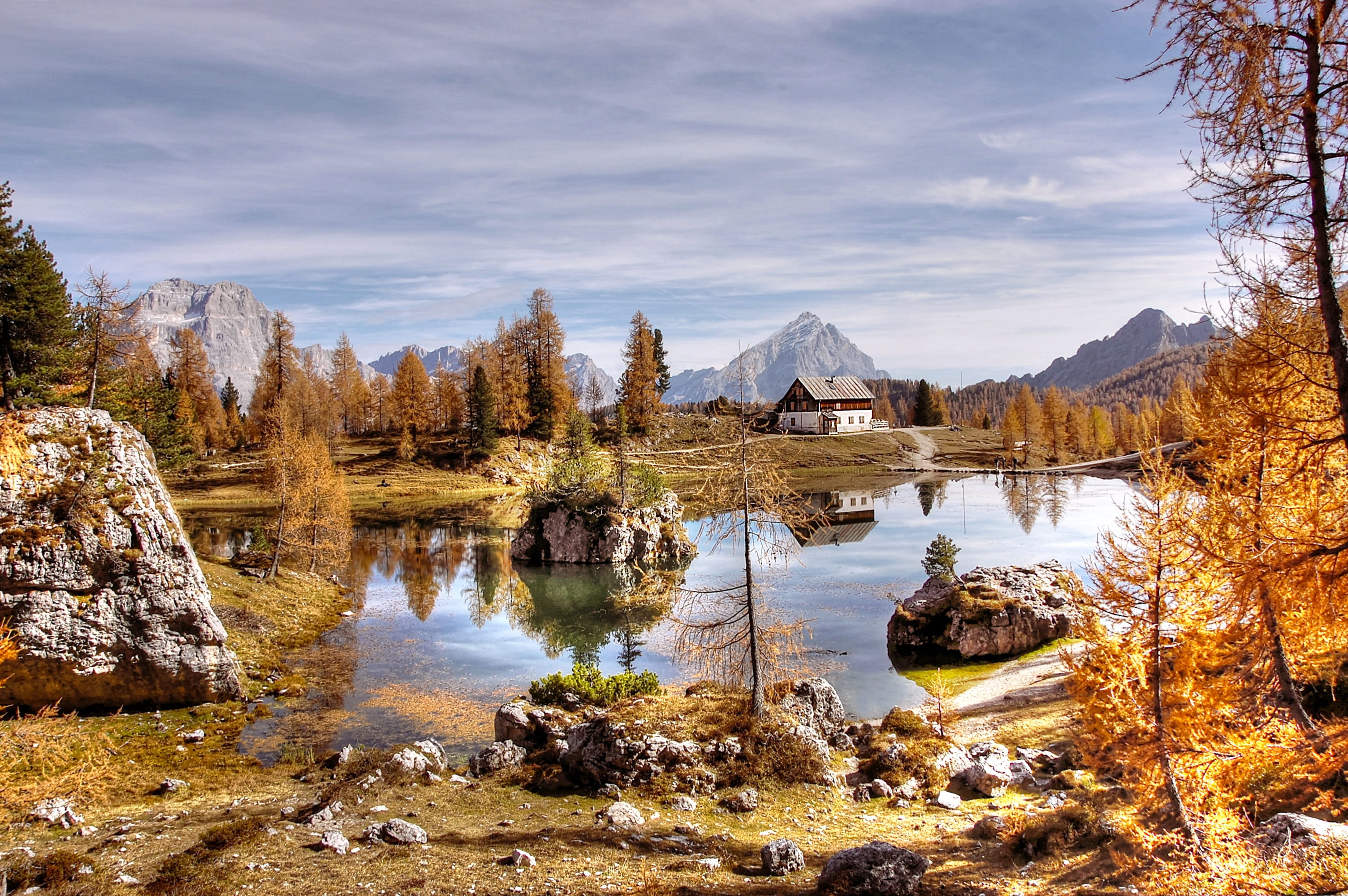 plant, alm, nature, lake, rock, italy, solid, panorama, landscape, 2K, scenics - nature, mountains, outdoors, clouds, beauty in nature, belluno, land, HD Wallpaper