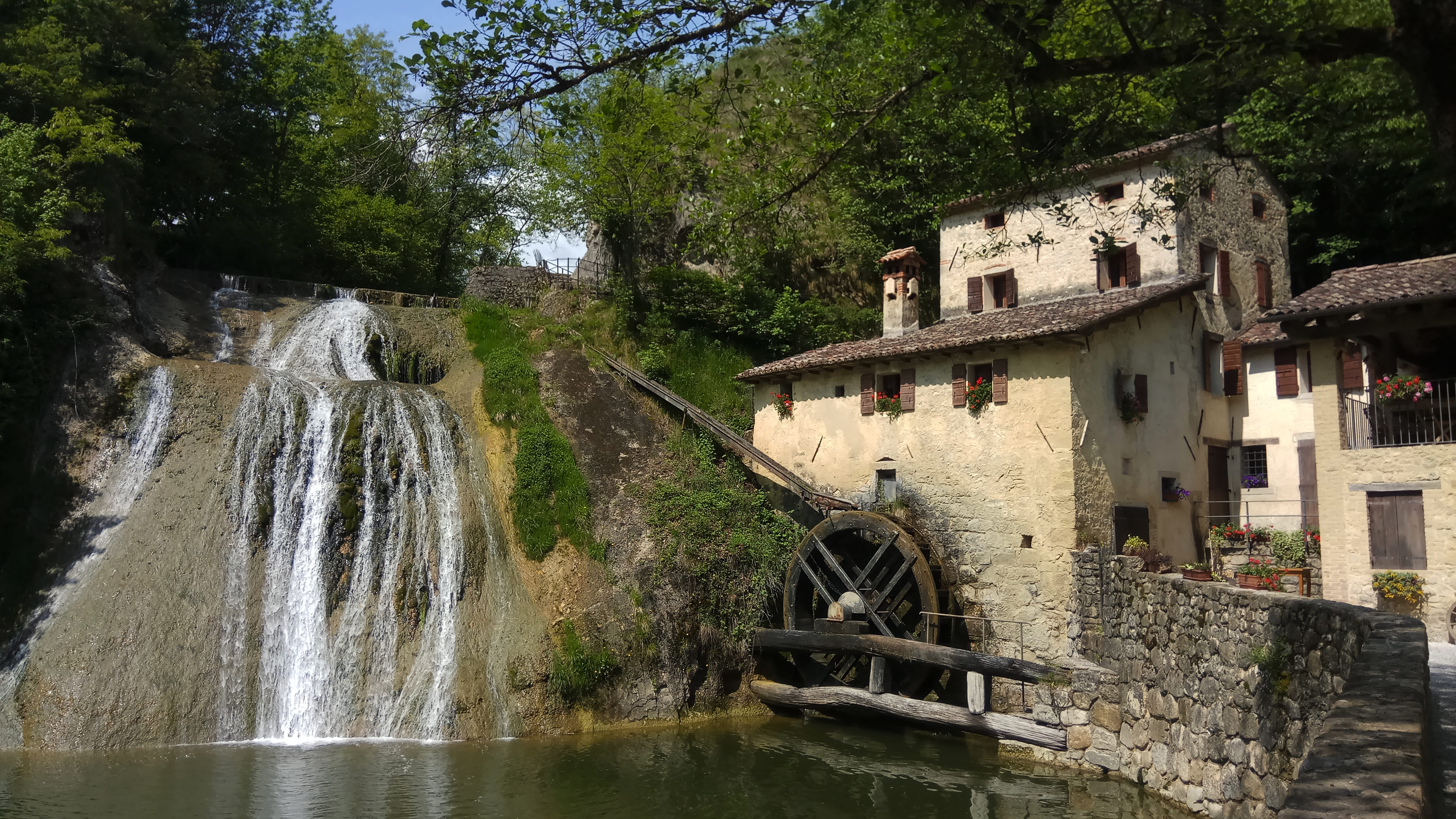 transportation, flowing, motion, water, tree, waterfall, waterfront, built structure, mill, connection, molinetto della croda, outdoors, building, day, HD Wallpaper