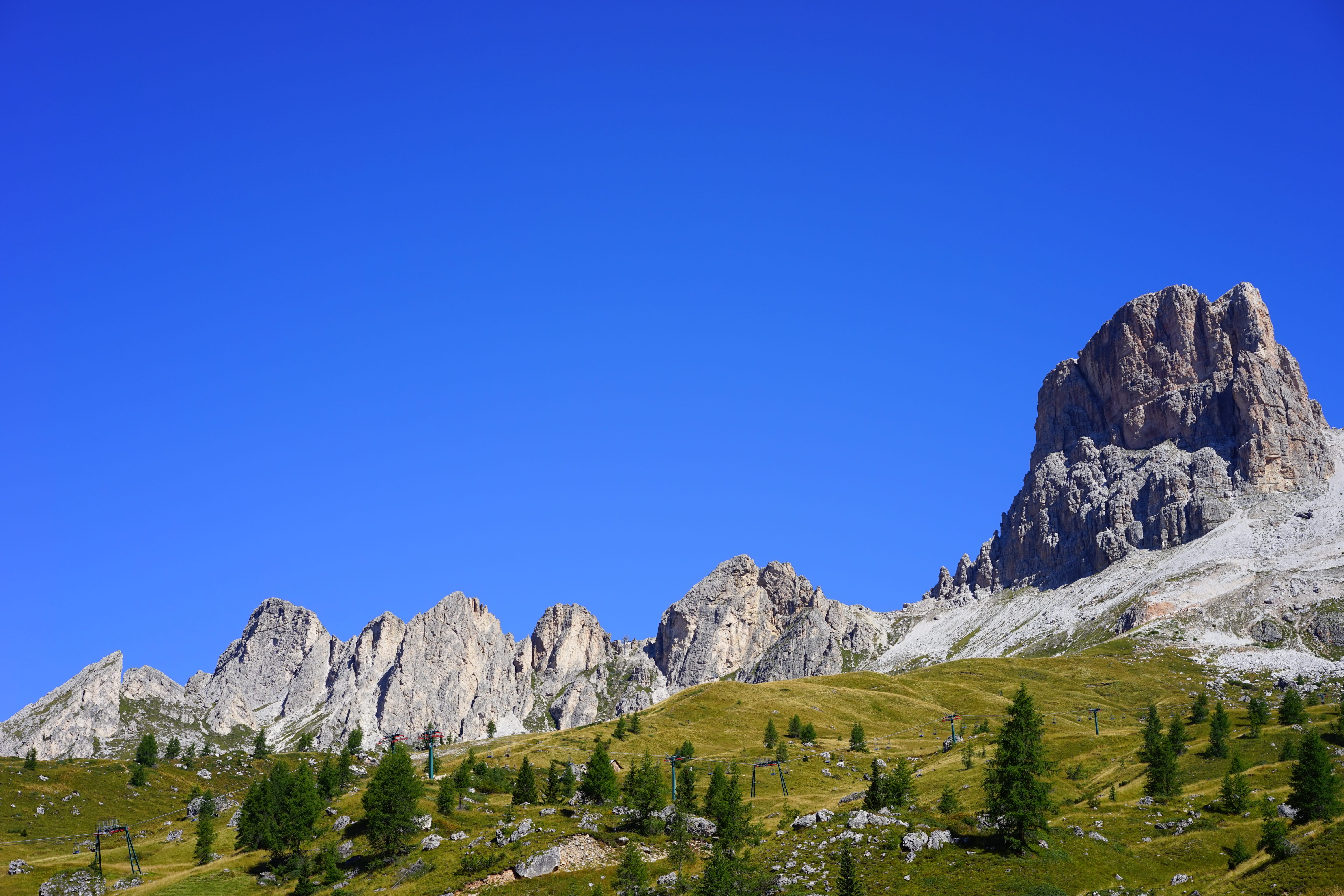 alpine, clear sky, formation, coniferous tree, tree, forcella averau, nature, rock - object, italy, rock, non-urban scene, pine tree, dolomites, blue, landscape, HD Wallpaper
