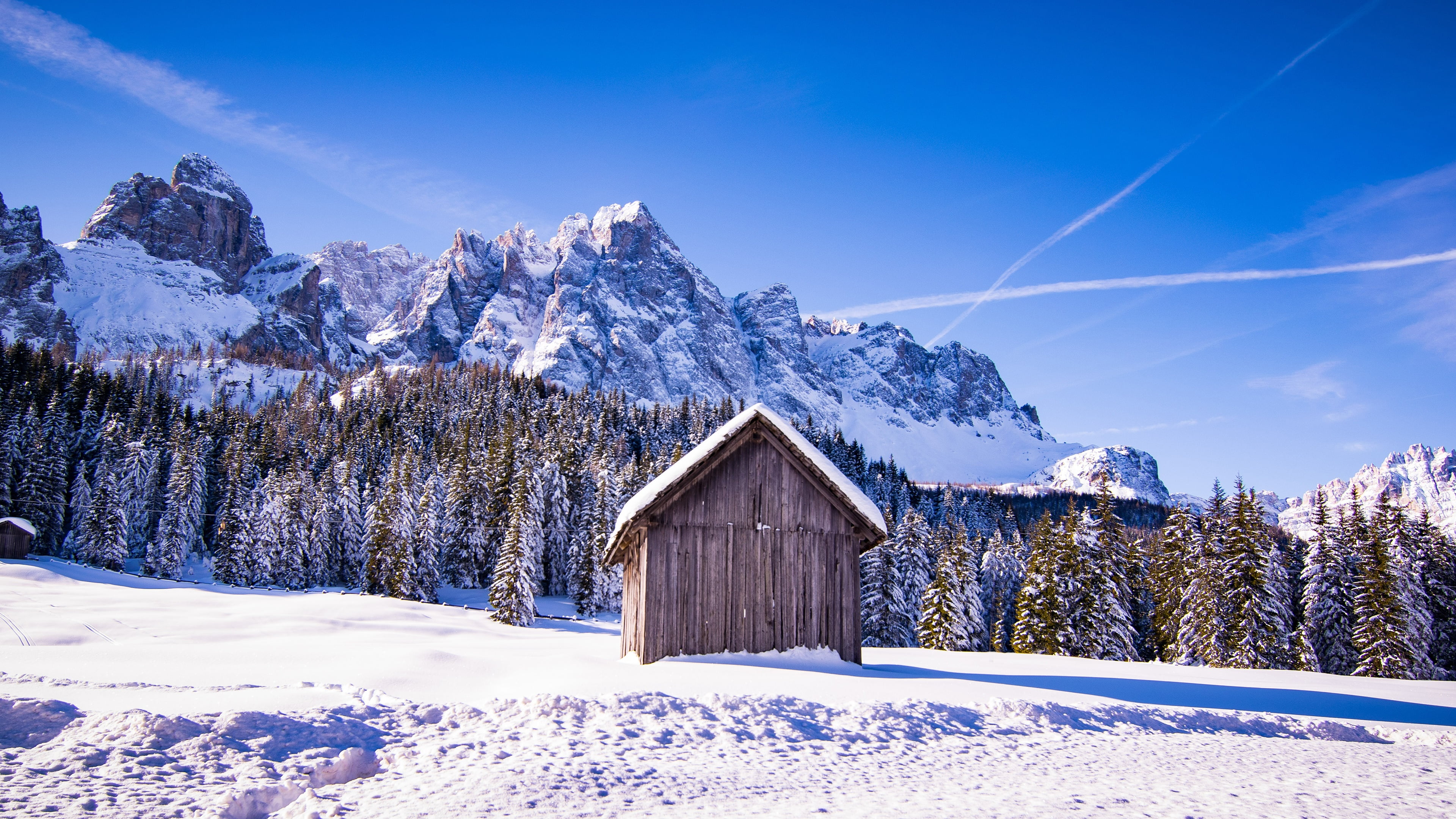 landscape, mount scenery, italy, europe, log cabin, hut, sexten, cottage, mountain range, tranquil scene, alto adige, tree, sesto, built structure, forest, HD Wallpaper