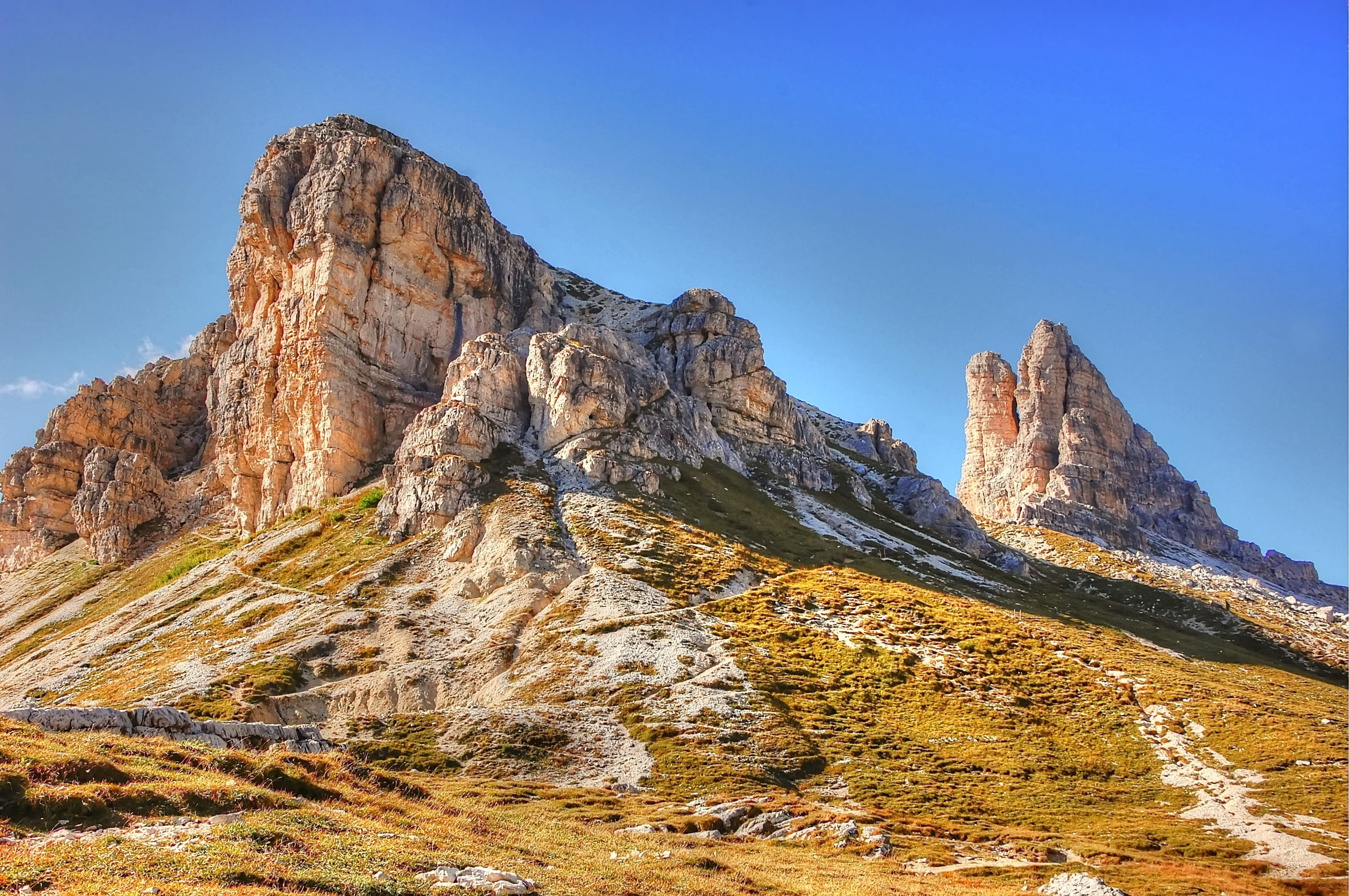 semi-arid, beauty in nature, alpine climbing, mountains, mountain landscape, crag, high, three zinnen, natural wonders, sky, extreme sports, no people, HD Wallpaper