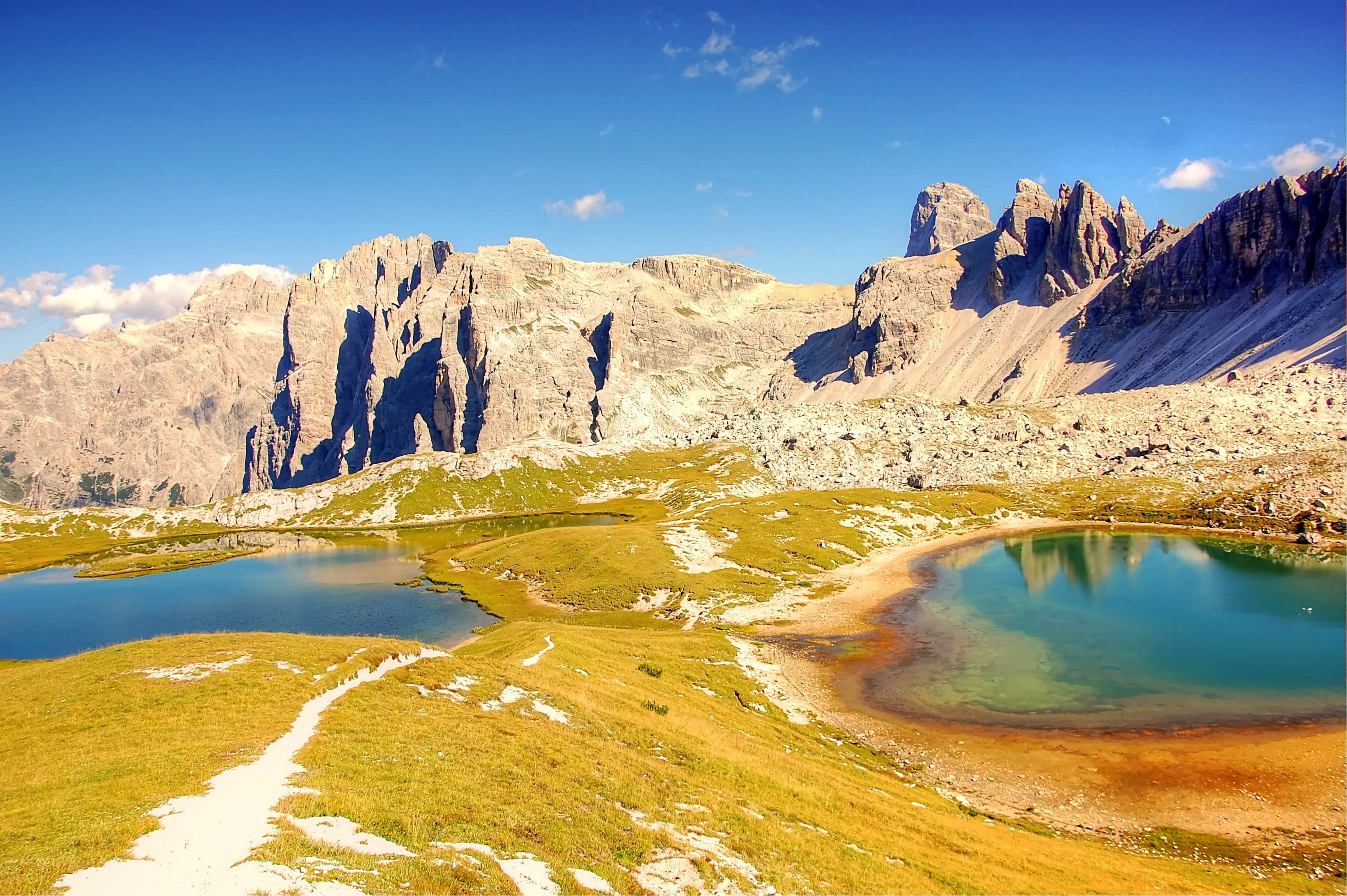 summer, water, nature, natural wonders, extreme sports, rock, mountain, unesco world heritage, tranquil scene, lake, sexten dolomites, clouds, away, north wall, HD Wallpaper