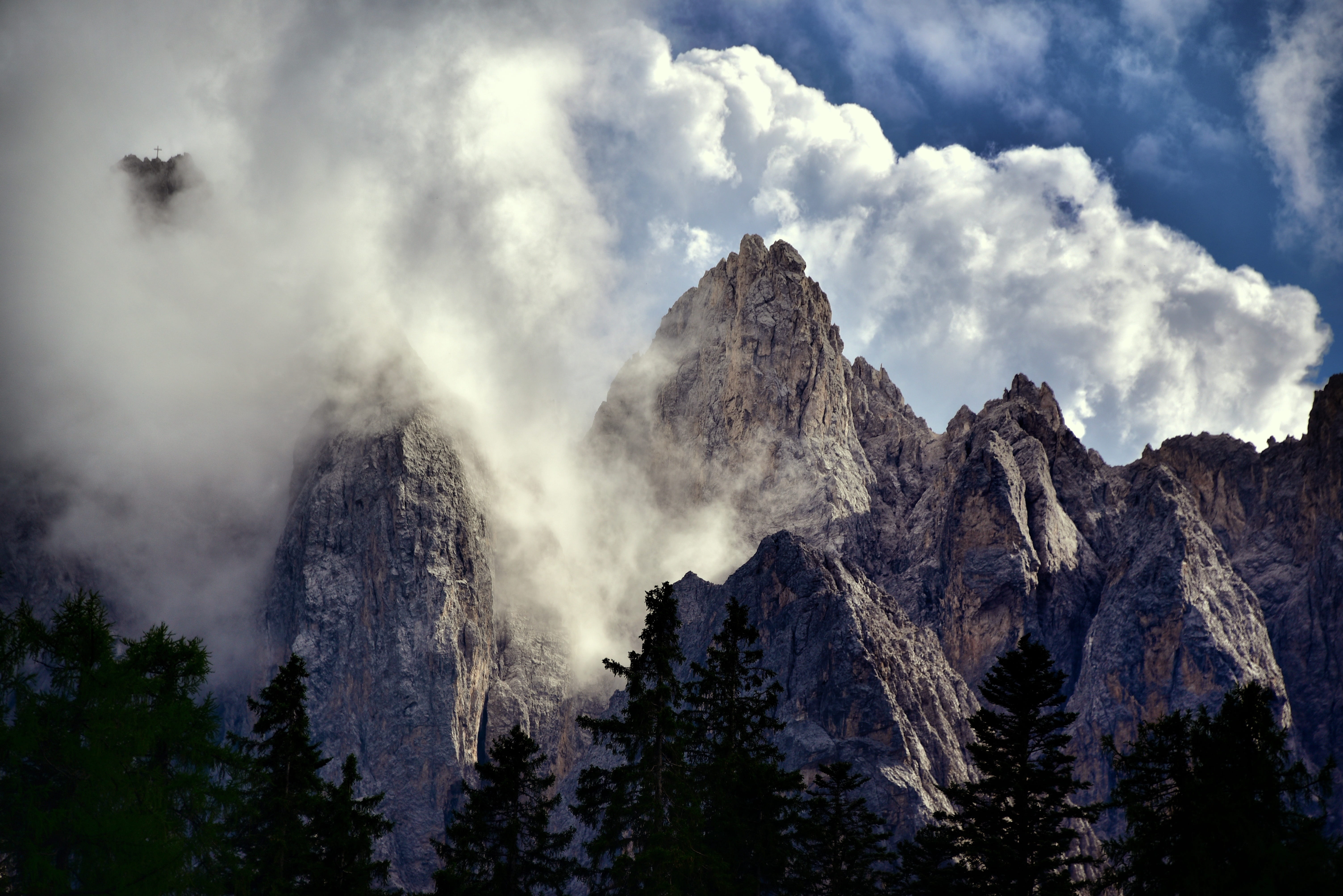 coniferous tree, rock formation, geology, italy, excursion, mountains, fog, rock - object, val pusteria, scenics - nature, cloud, trail, photo, no people, HD Wallpaper