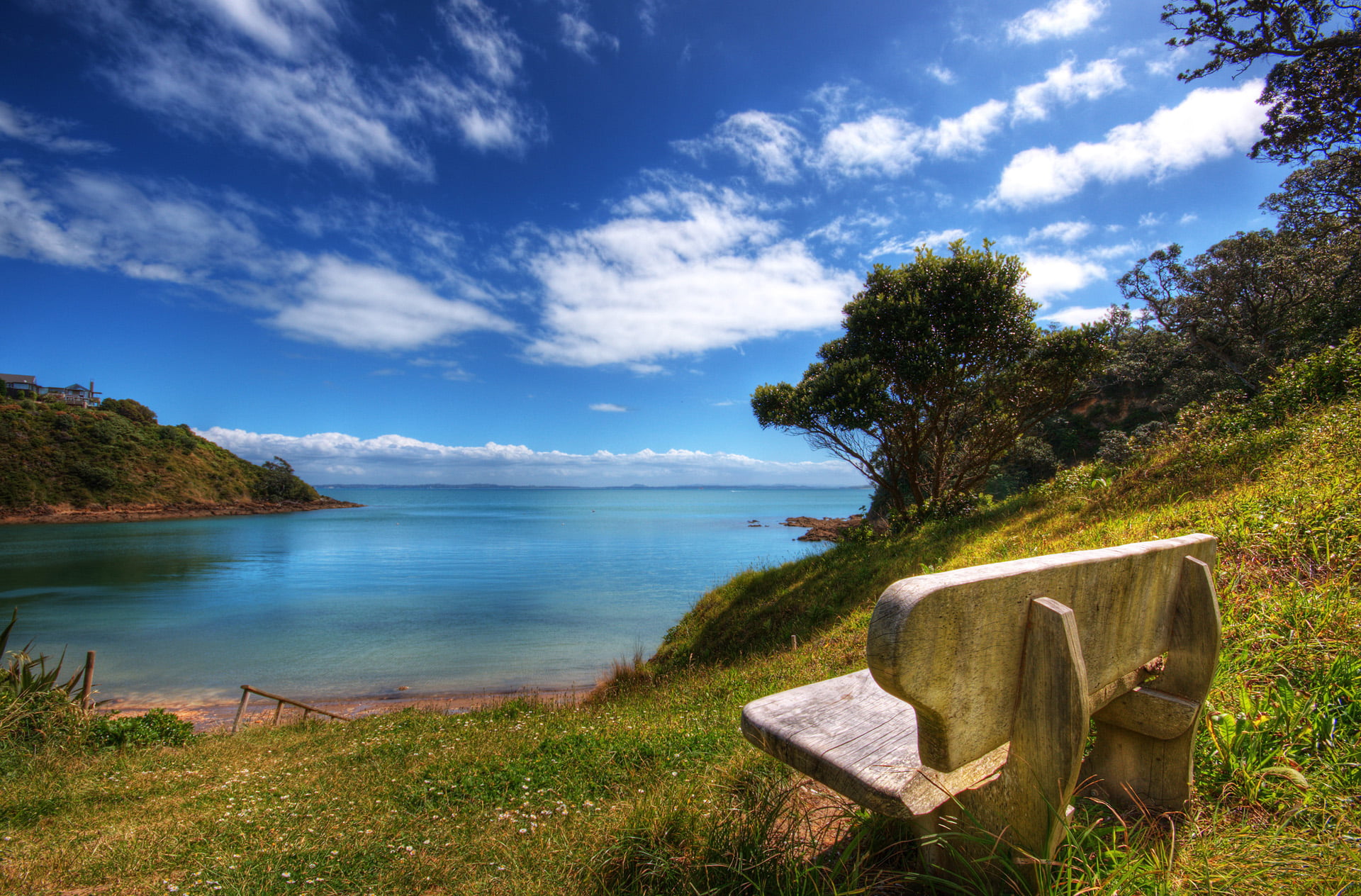 nz, land, bench, blue, 1080P, beach, landscape, lake, new zealand, waiheke  island, summer, ocean  sea, auckland, mountain, daytime, f100, sky, water, HD Wallpaper