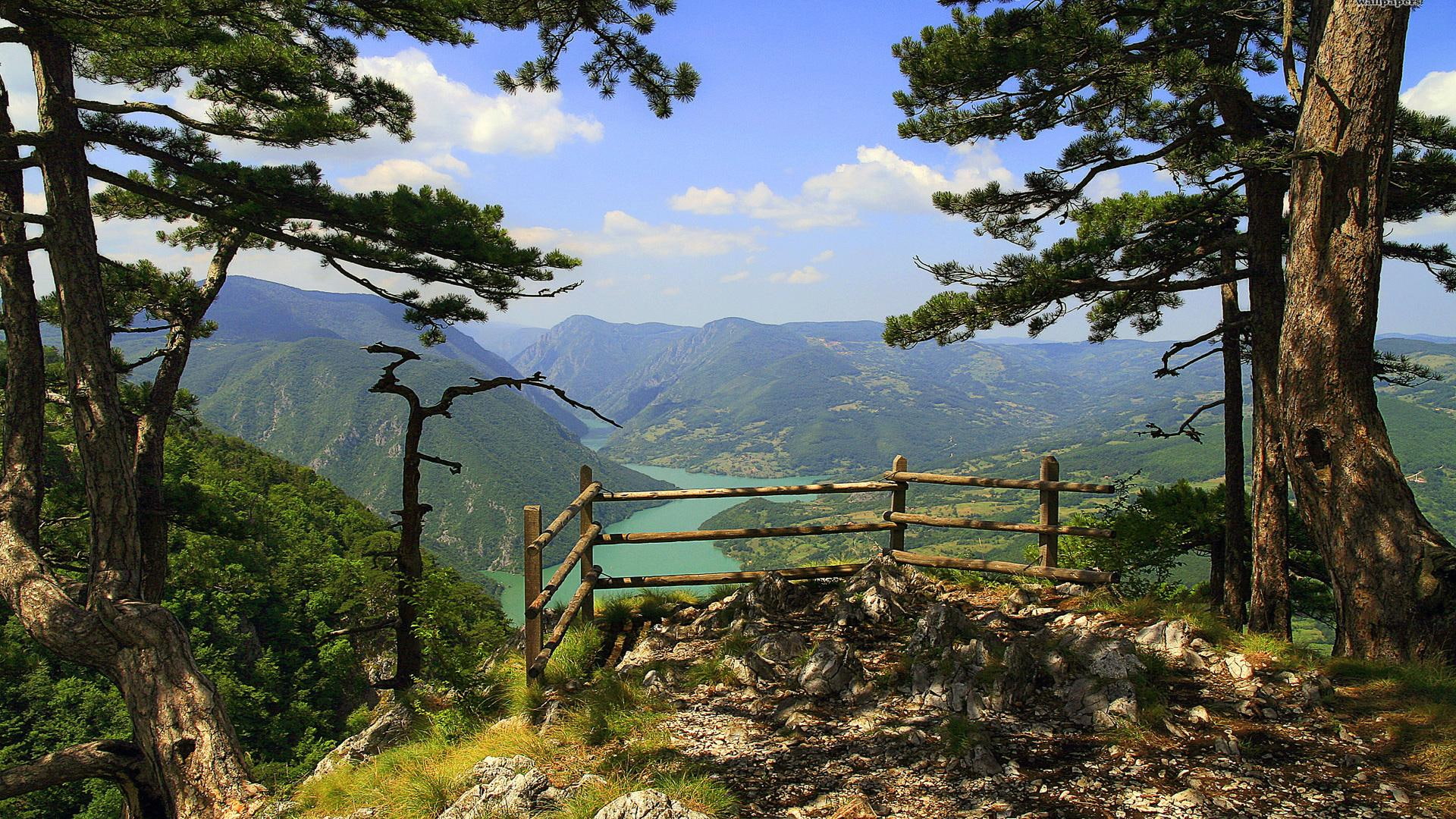 nature and landscapes, fence, lookout, valley, zaovine, trees, lake, 1080P, HD Wallpaper