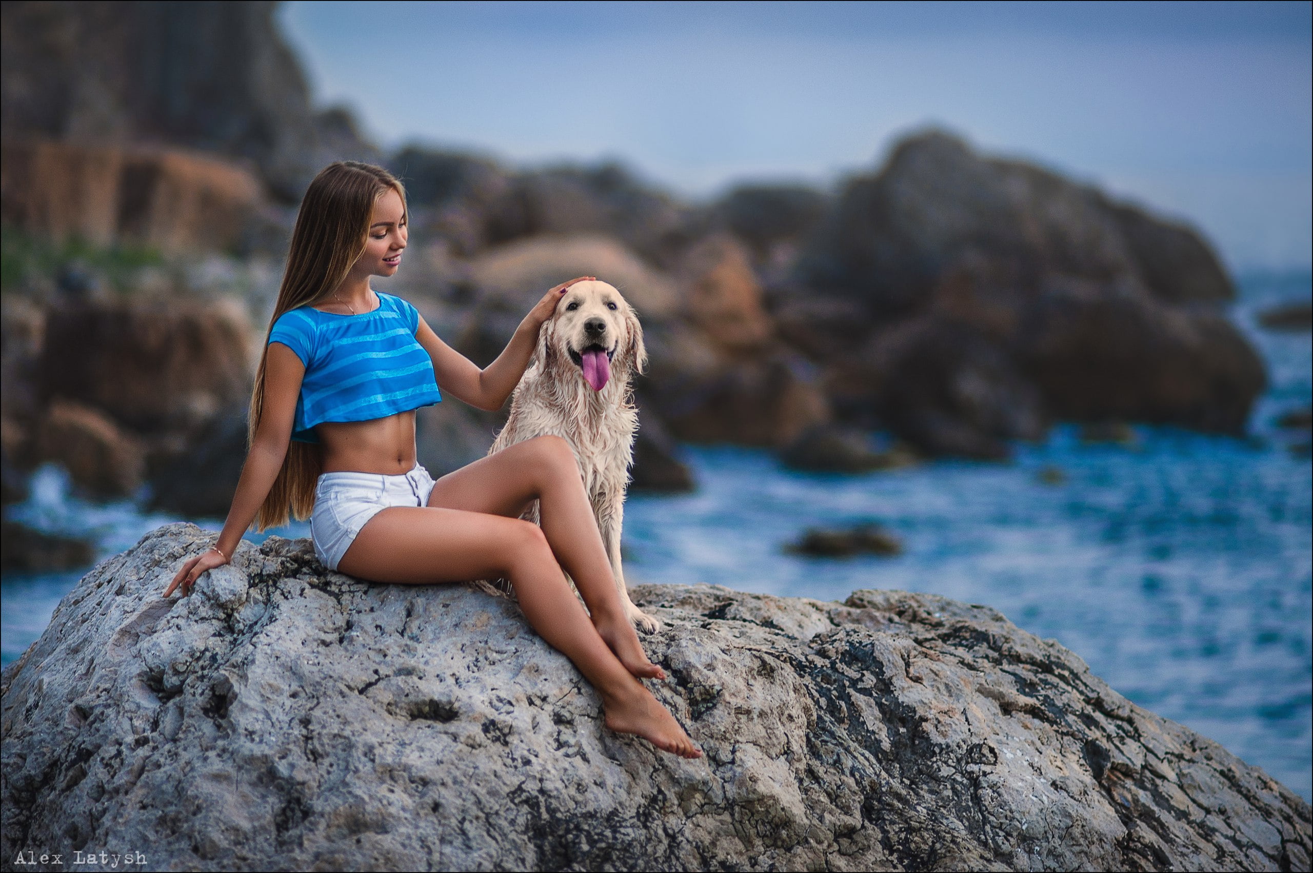 positive emotion, animals, jean shorts, pets, nature, dog, long hair, women, one person, 2K, women outdoors, outdoors, rock, blonde, rocks, adult, domestic animals, HD Wallpaper