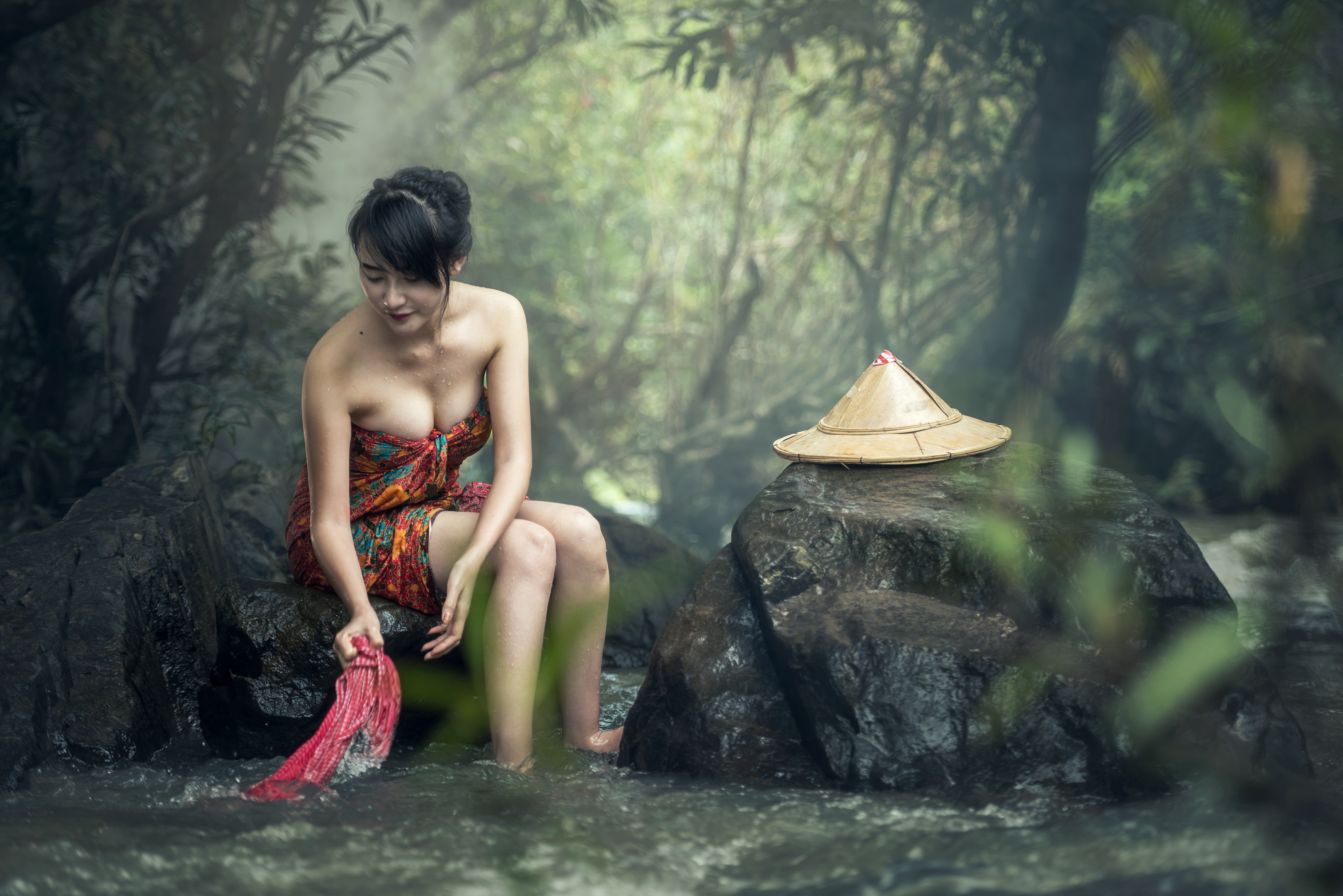 cleavage, Asian, forest, real people, bare shoulders, nature, men, water, child, one person, tree, plant, full length, women outdoors, childhood, outdoors, HD Wallpaper