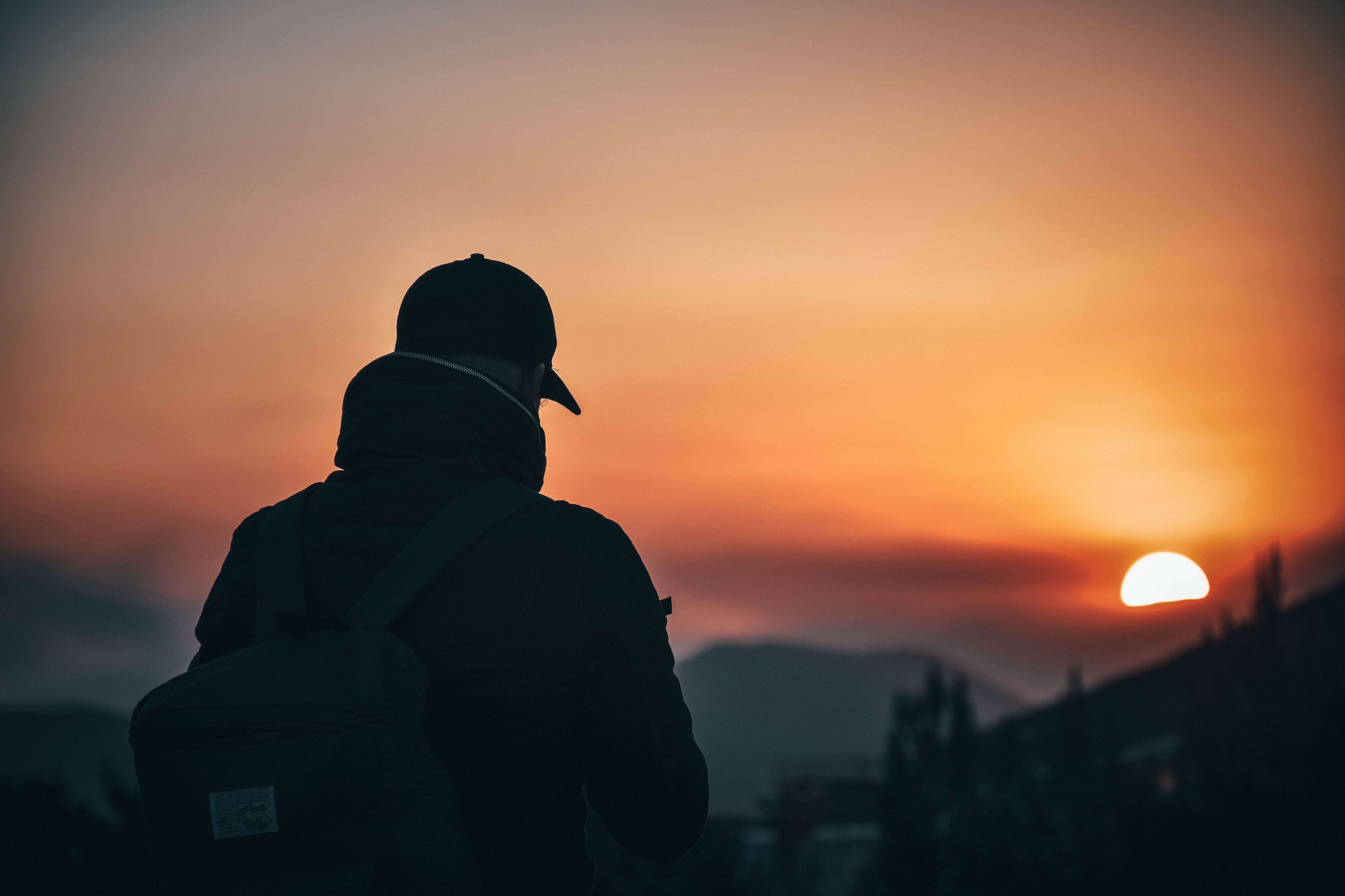 waist up, men, sun, man, silhouette, wearing, fog, daylight, mountain, scenic, hour, orange color, sky, dawn, two people, 5K, landscape, back view, HD, HD Wallpaper