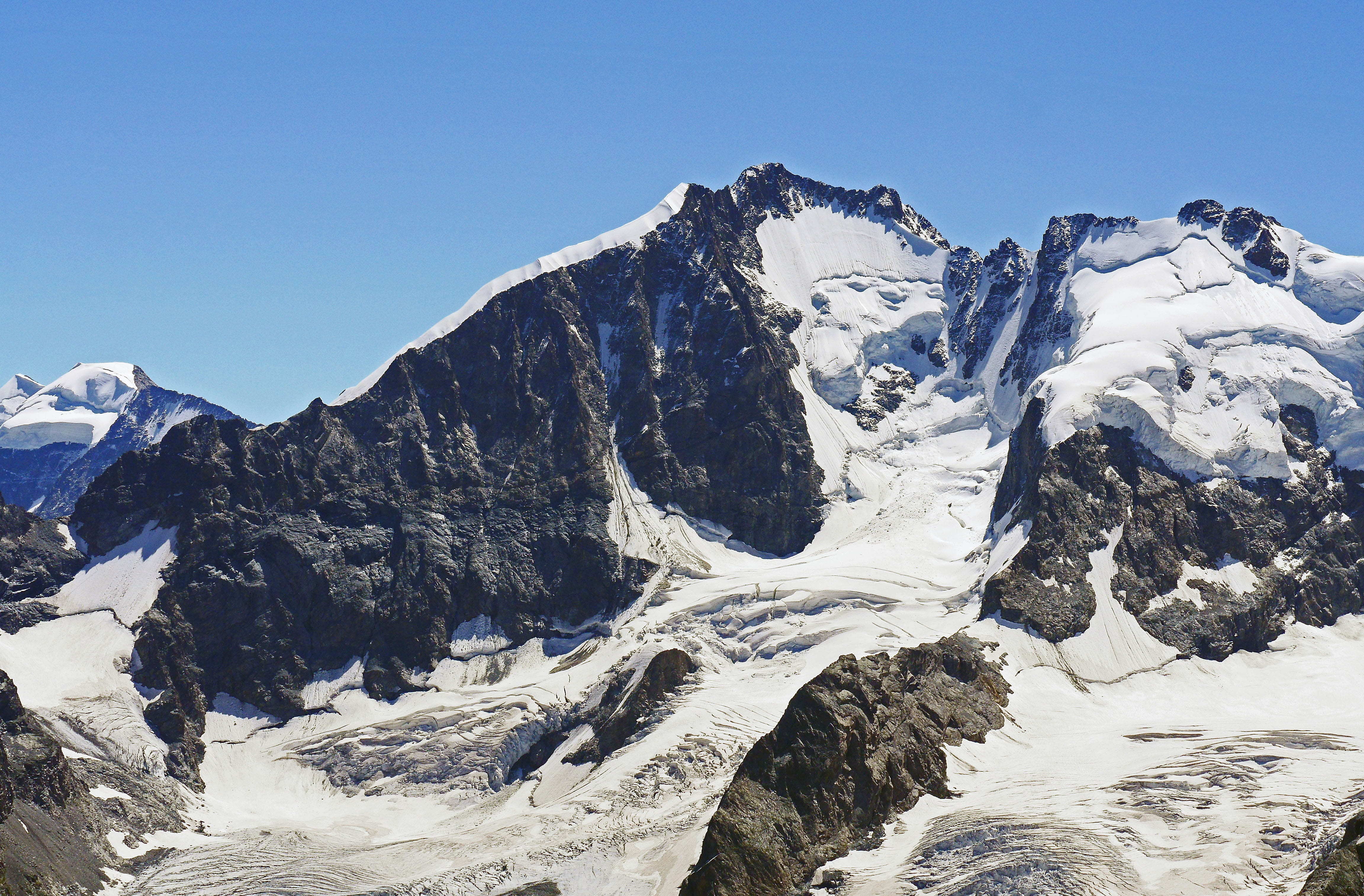 morteratsch glacier, firn, winter, mountain range, snow fields, tranquil scene, nature, southeast switzerland, bernina group, summit, rock, snowcapped mountain, HD Wallpaper