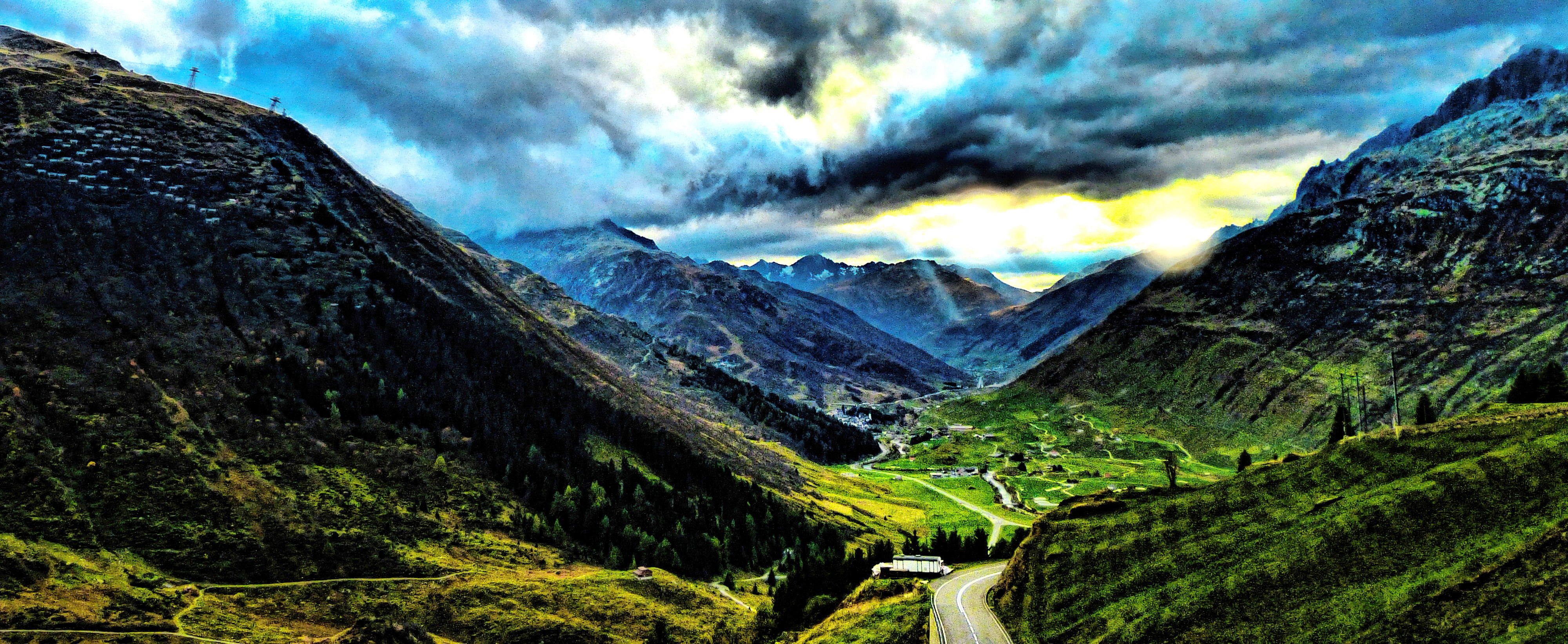 sunset, scenics, switzerland, travel, विट, alpen, road, landscape, Oberalppass, schwitzerland, nature, outdoors, green mountain, camino, 4K, paso, valley, HD Wallpaper