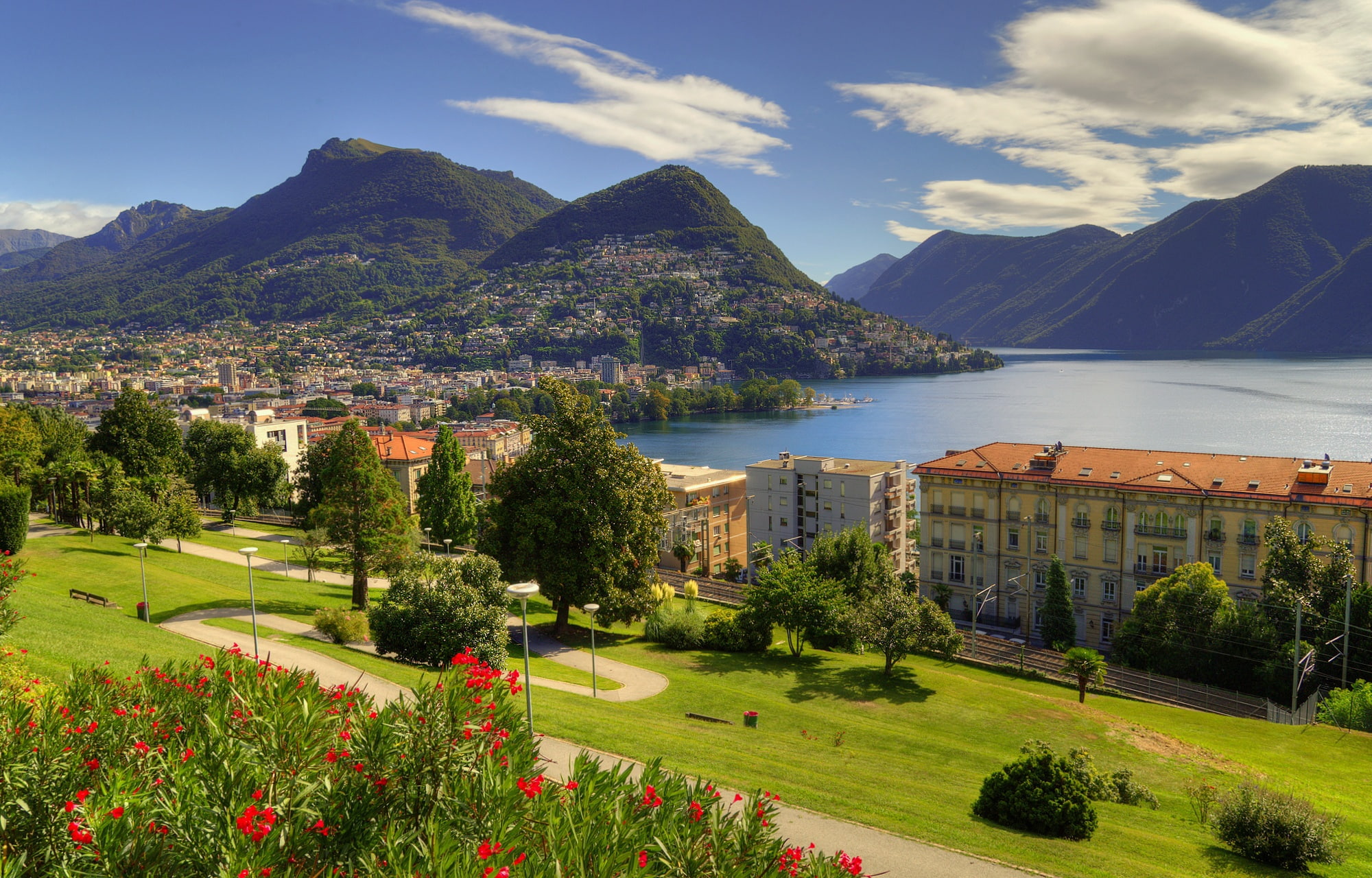 Ticino, Alps, Switzerland, building, lake, landscape, home, panorama, Lugano, trees, Lake Lugano, mountains, 1080P, HD Wallpaper